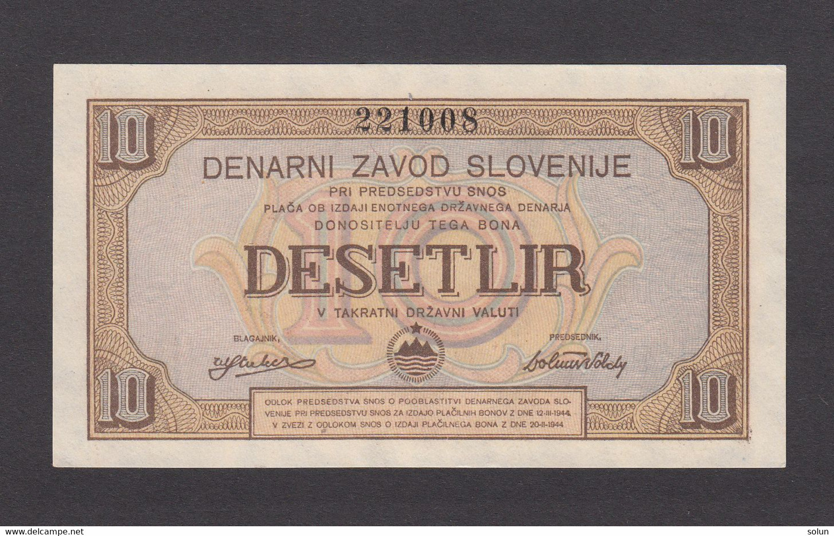 10 LIR  1944 PARTIZANSKI DENAR  DENARNI ZAVOD SLOVENIJE  WWII SLOVENIAN BANKNOTE - Slovénie