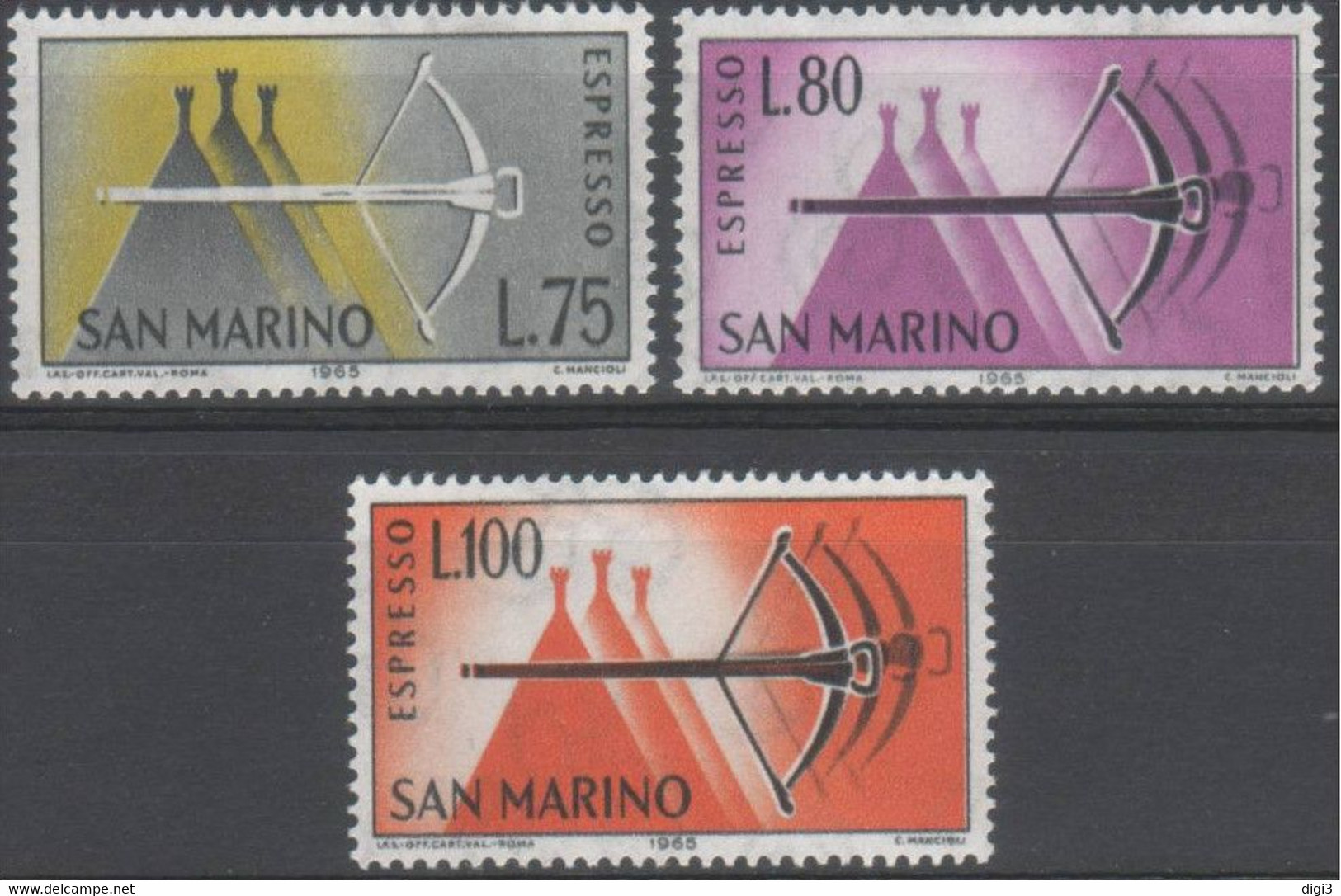 San Marino, 1966, Espressi, Balestra Senza Soprastampa, Serie Completa, 3 Vall., MNH** - Express Letter Stamps