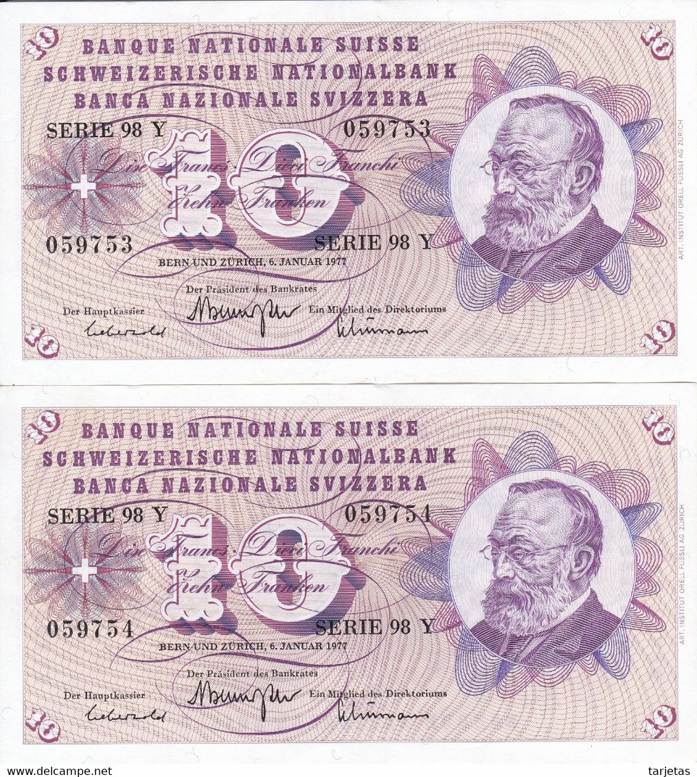 PAREJA CORRELATIVA DE SUIZA DE 10 FRANCS DEL AÑO 1977 EN CALIDAD EBC (XF) (BANKNOTE) - Suisse