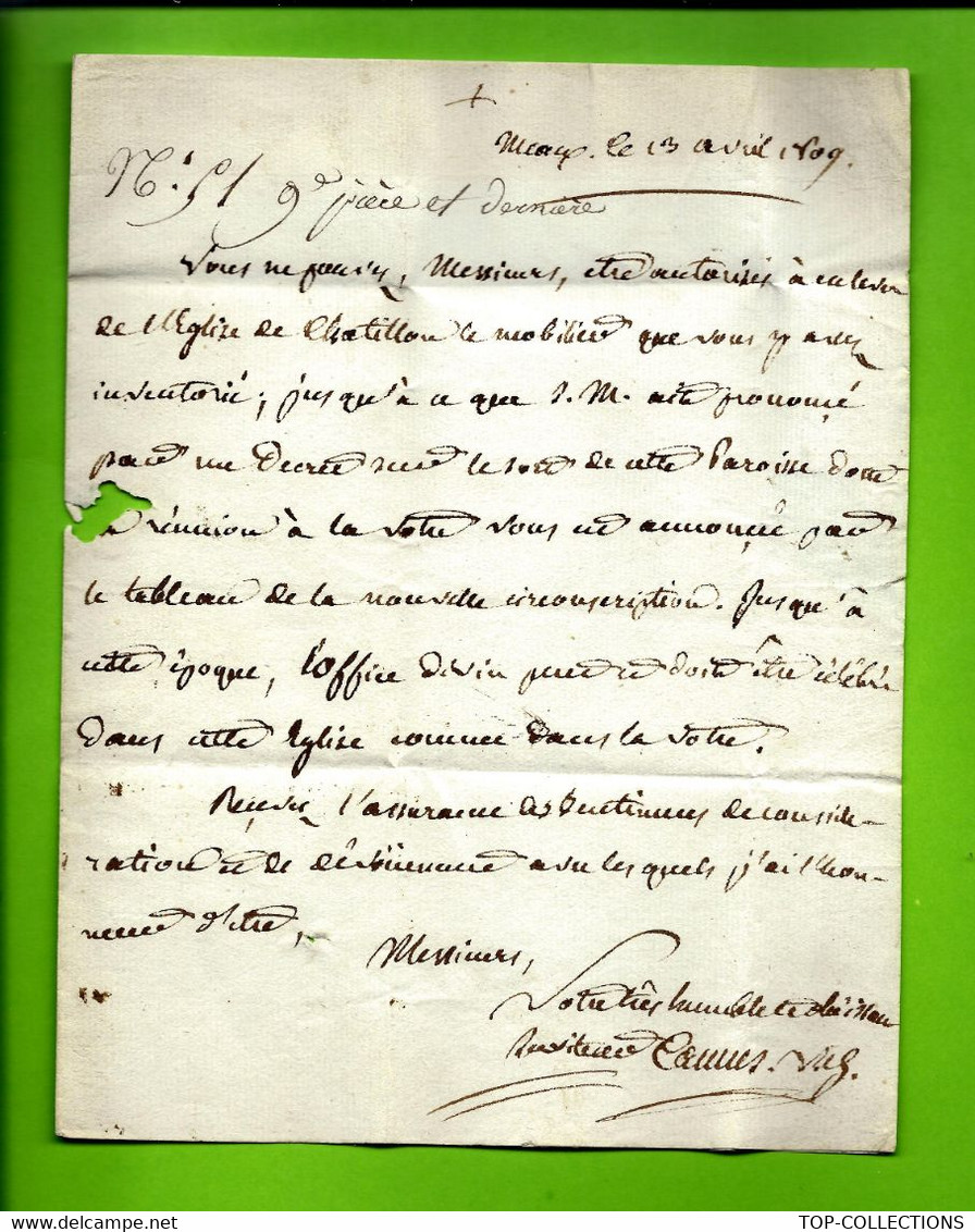 REVOLUTION RELIGION CLERGE  BIENS ECCLESIASTIQUES 1809 Meaux  Fabrique De L'Eglise Blandy Les Tours Melun Seine & Marne - Historical Documents