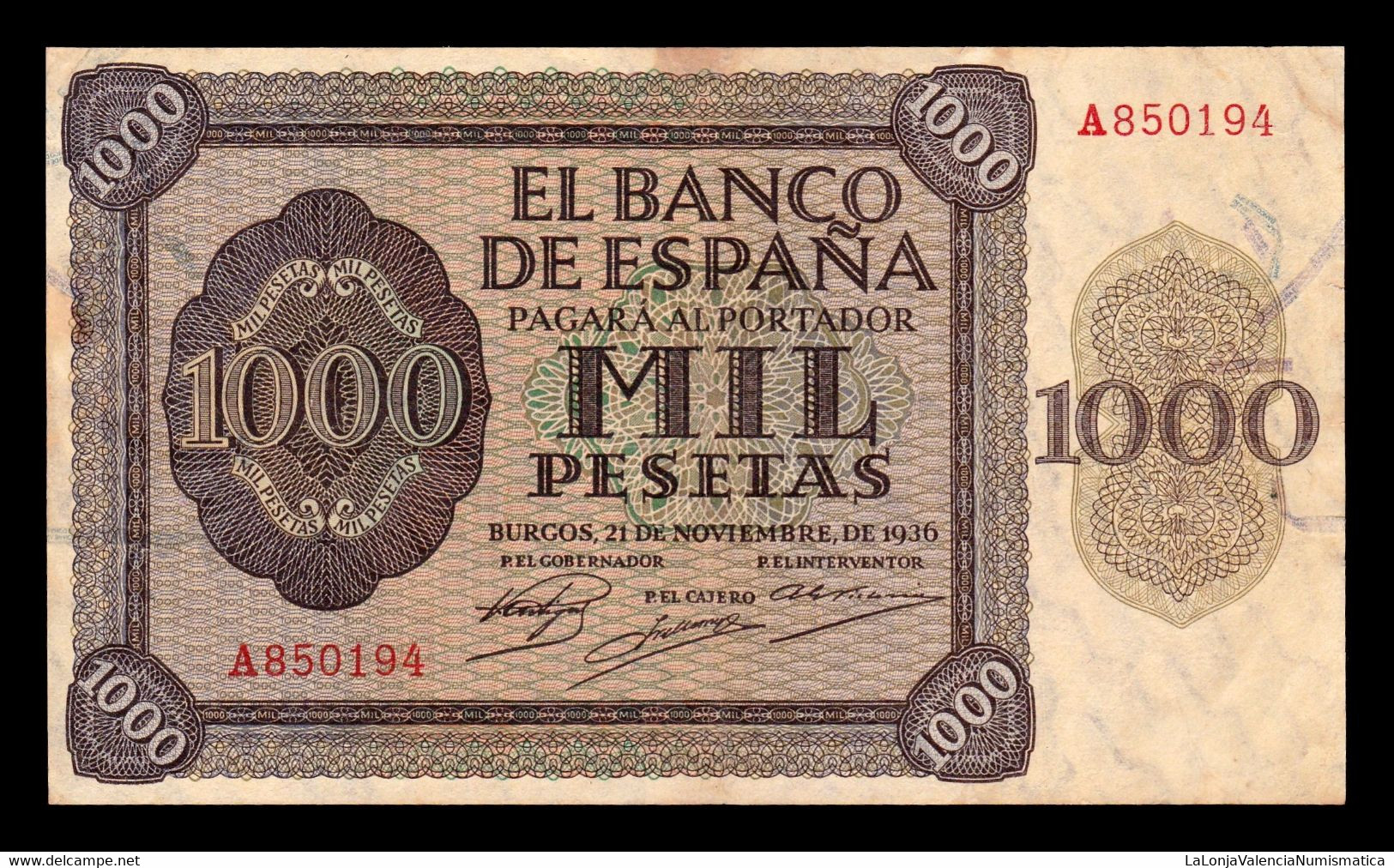 España 1000 Pesetas Burgos 1936 Pick 103 Serie A BC/MBC F/VF - 1000 Pesetas