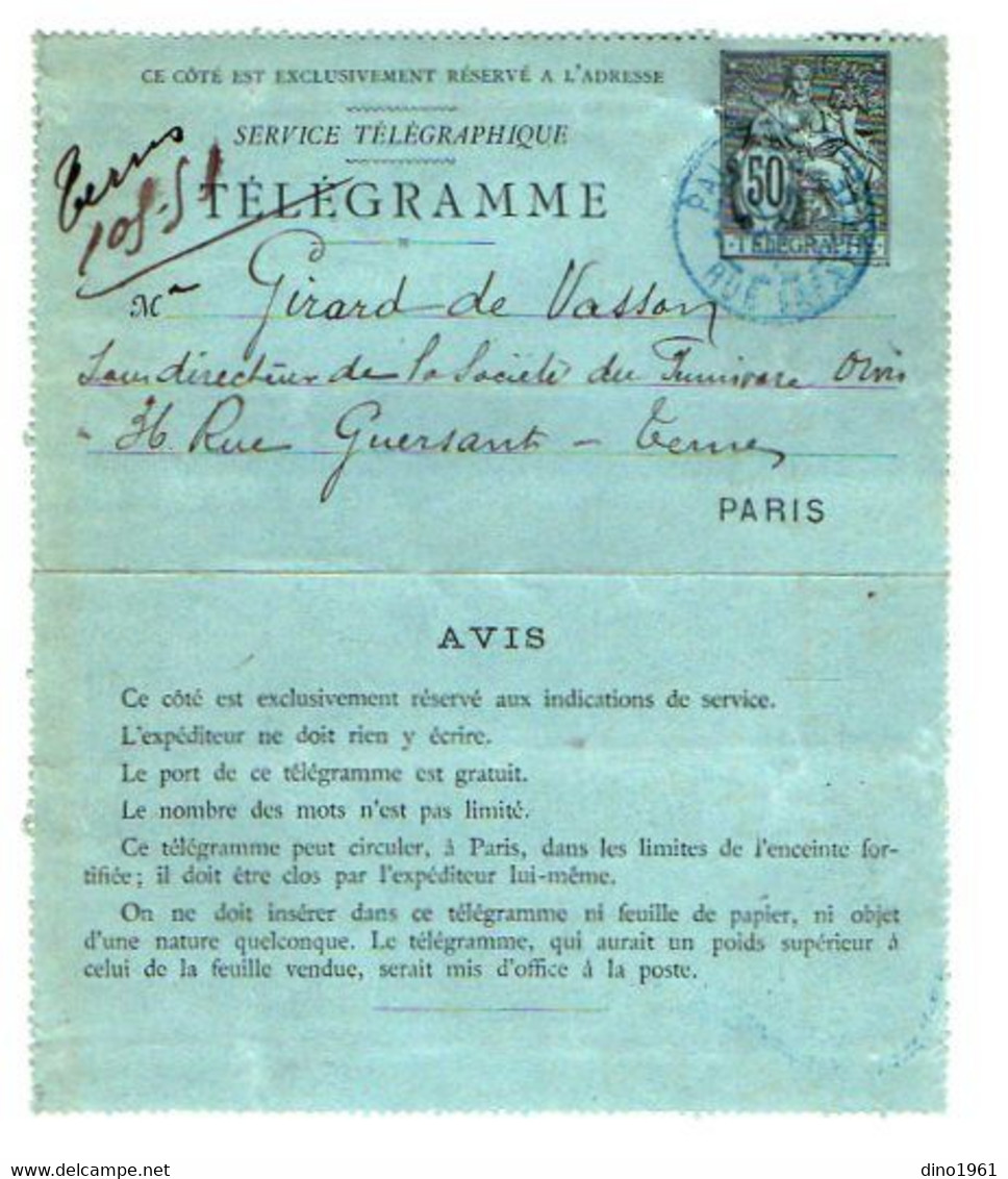 TB 3492 - PARIS 18?? - Entier Postal  / Carte - Lettre Télégramme Pour Mr GIRARD De VASSON - Letter Cards