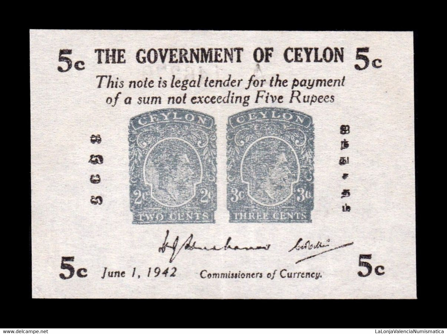 Ceilan Ceylon 5 Cents 1942 Pick 42a EBC XF - Sonstige – Asien