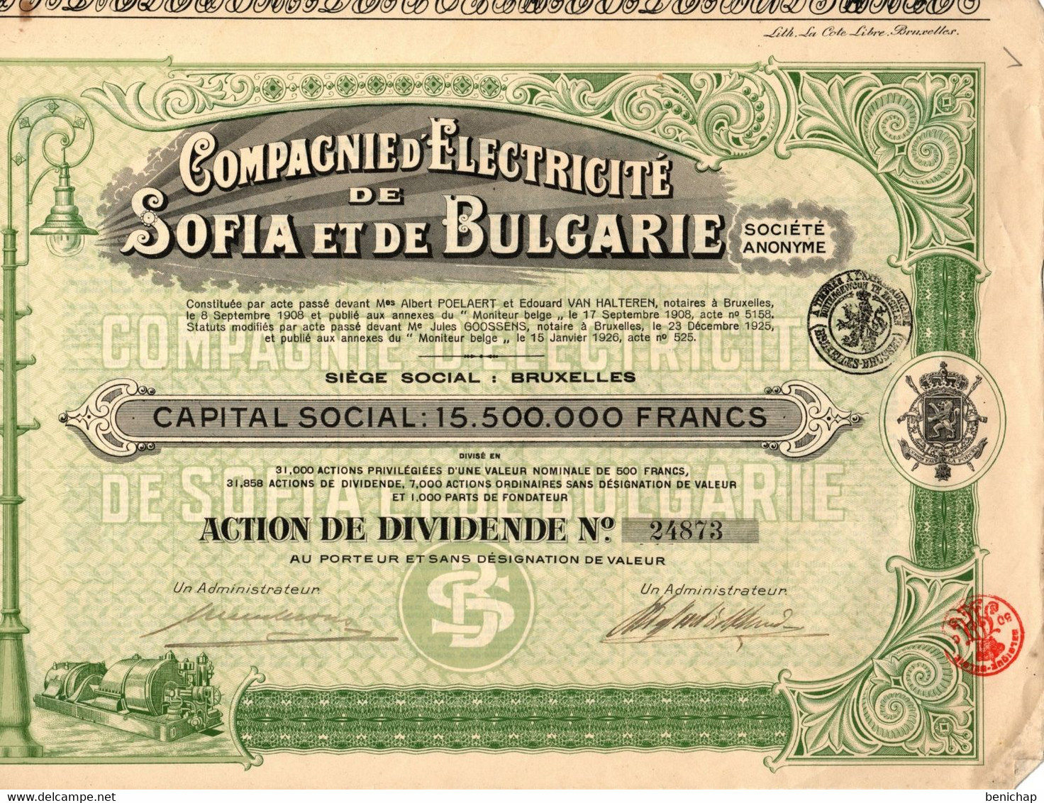 Compagnie D'Electricité De Sofia Et De Bulgarie - Action De Dividende - Bruxelles Janvier 1926. - Ferrocarril & Tranvías