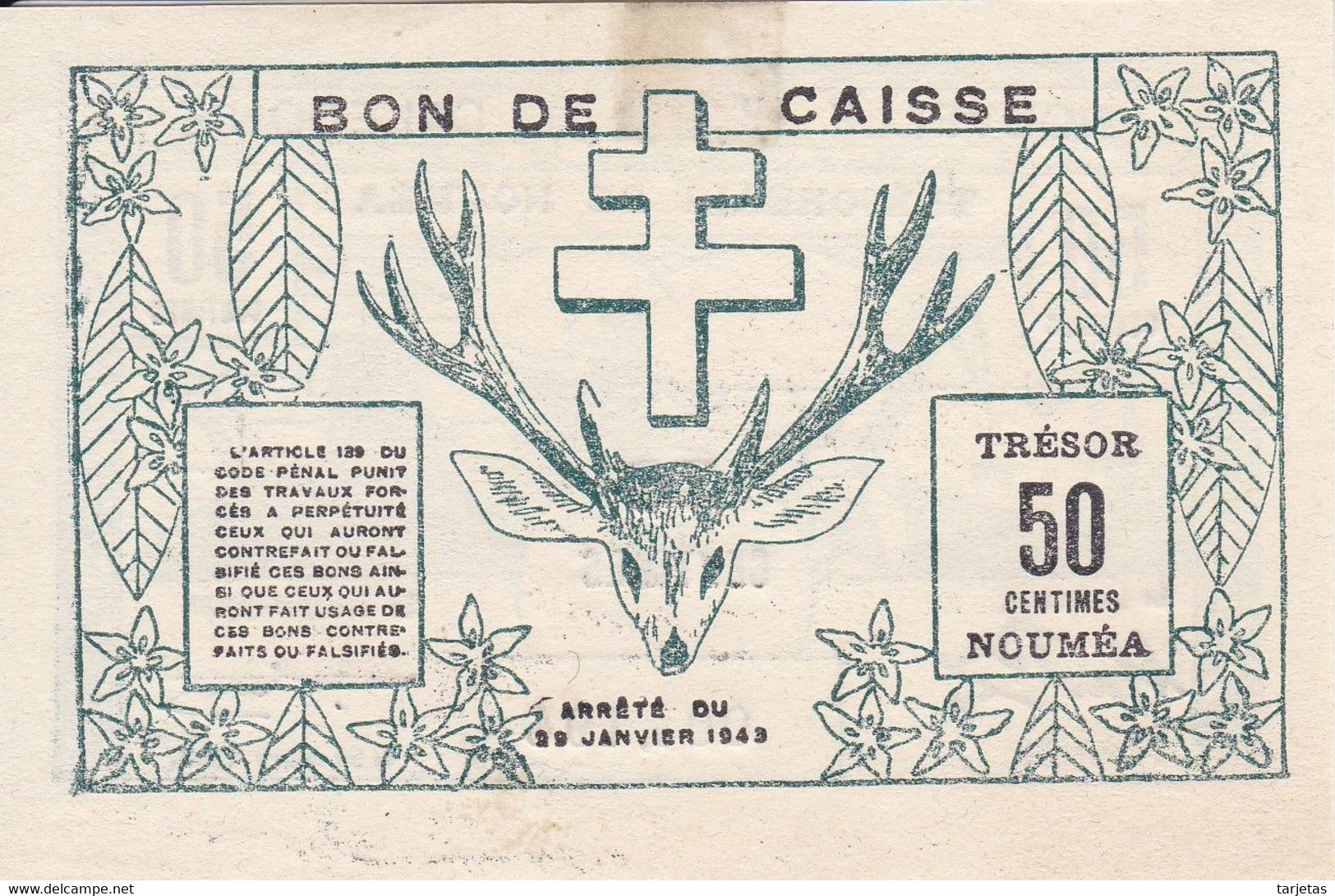 BILLETE DE NUEVA CALEDONIA DE 50 CENTIMES DEL AÑO 1943 SIN CIRCULAR (UNC) (CON MANCHA)  (BANK NOTE) - Nouméa (Neukaledonien 1873-1985)