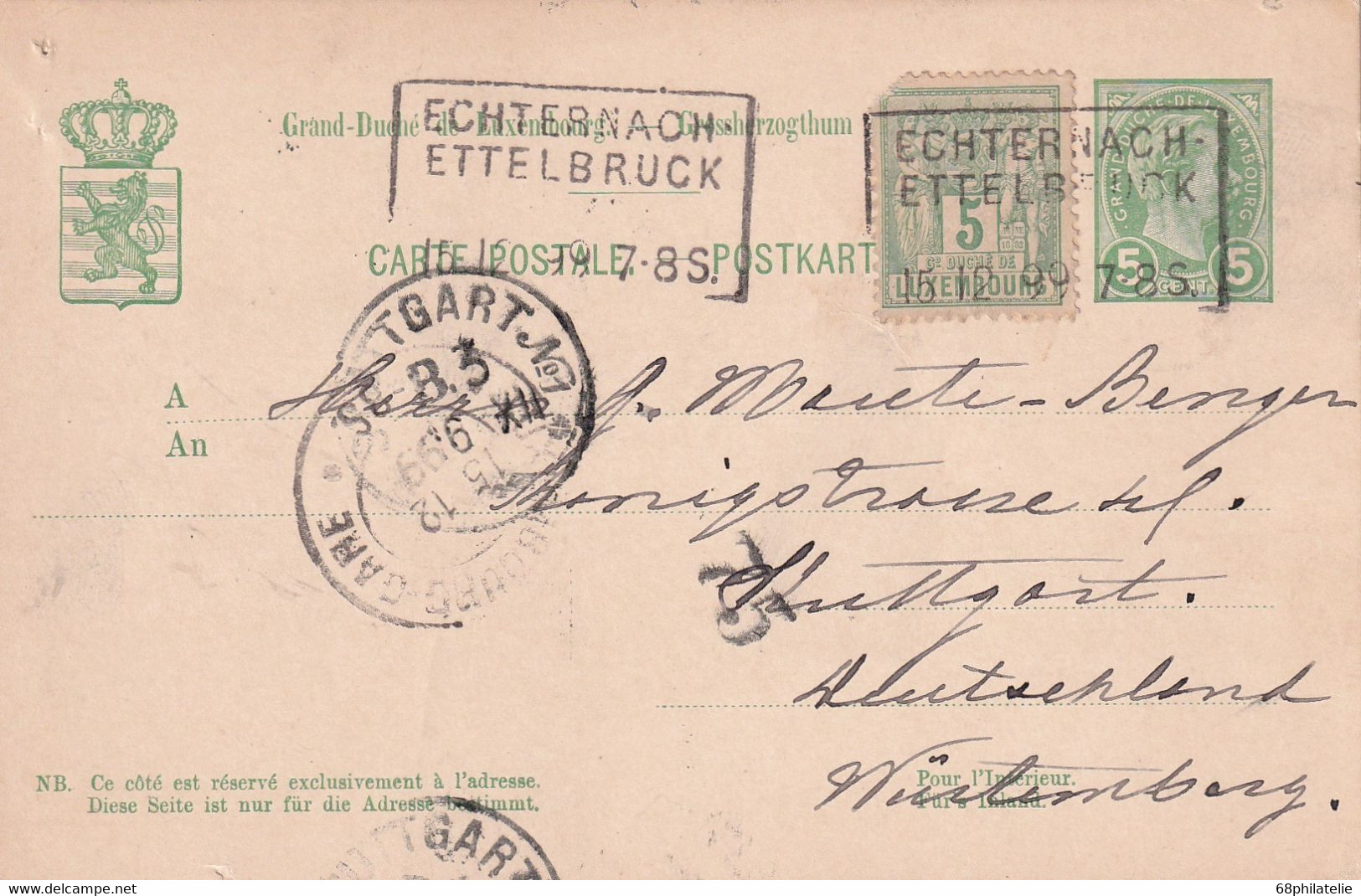 LUXEMBOURG 1899 CARTE CACHET FERROVIAIRE ECHTERNACH-ETTELBRUCK - 1895 Adolphe Right-hand Side