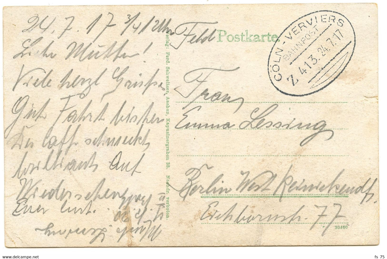 BELGIQUE - AMBULANT COLN - VERVIERS SUR CARTE POSTALE, 1915 - Ambulante Stempels