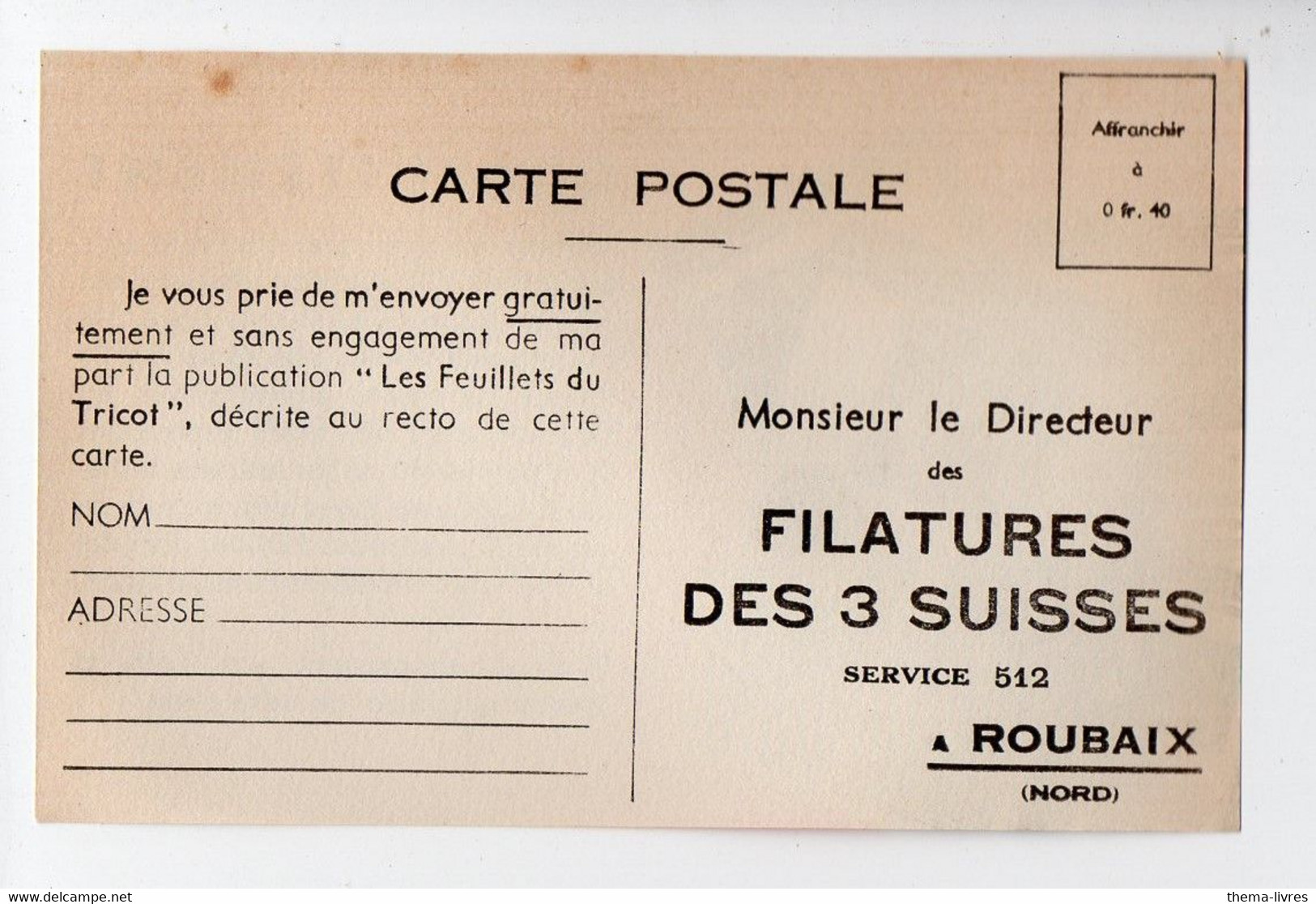 Roubaix (59 Nord) Carte  Postale Publicitaire  (papier)  FILATURE DES  3 SUISSES (PPP36594) - Roubaix