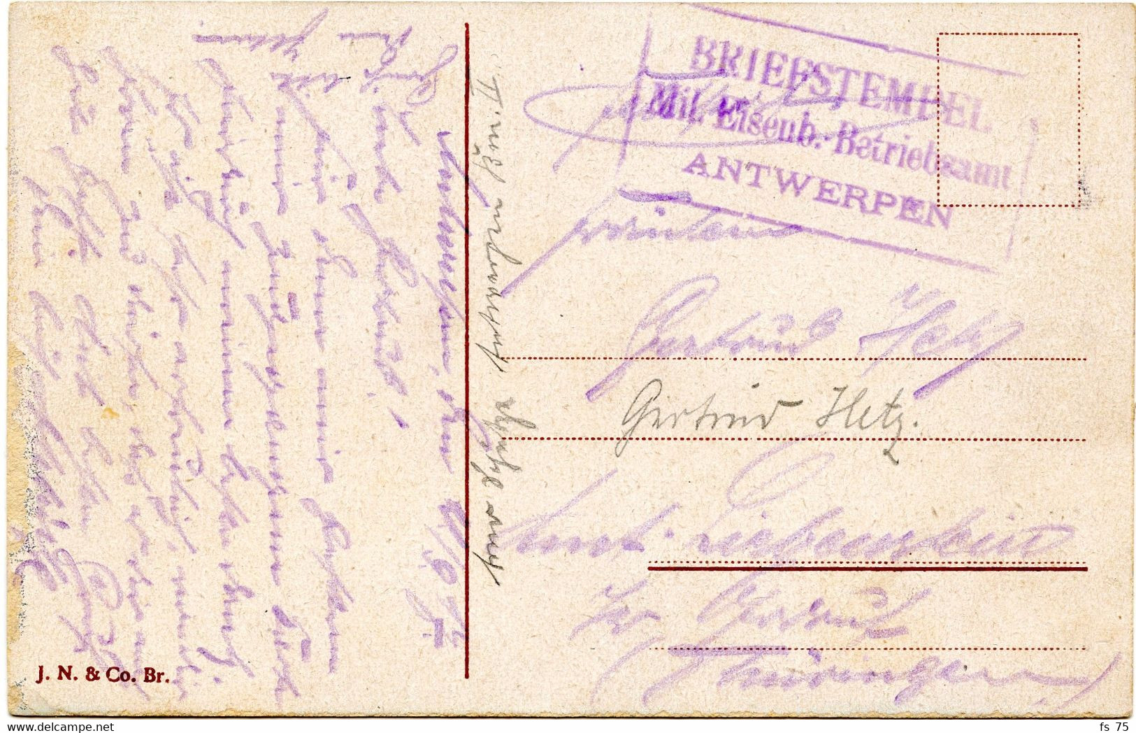 BELGIQUE - CACHET RECTANGULAIRE BRIEFSTEMPEL MIL. EISENB. ANTWERPEN SUR CARTE POSTALE, 1917 - Duits Leger