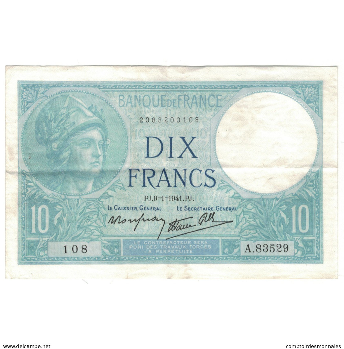 France, 10 Francs, Minerve, 1941, A.83529, TTB+, Fayette:7.27, KM:84 - 10 F 1916-1942 ''Minerve''