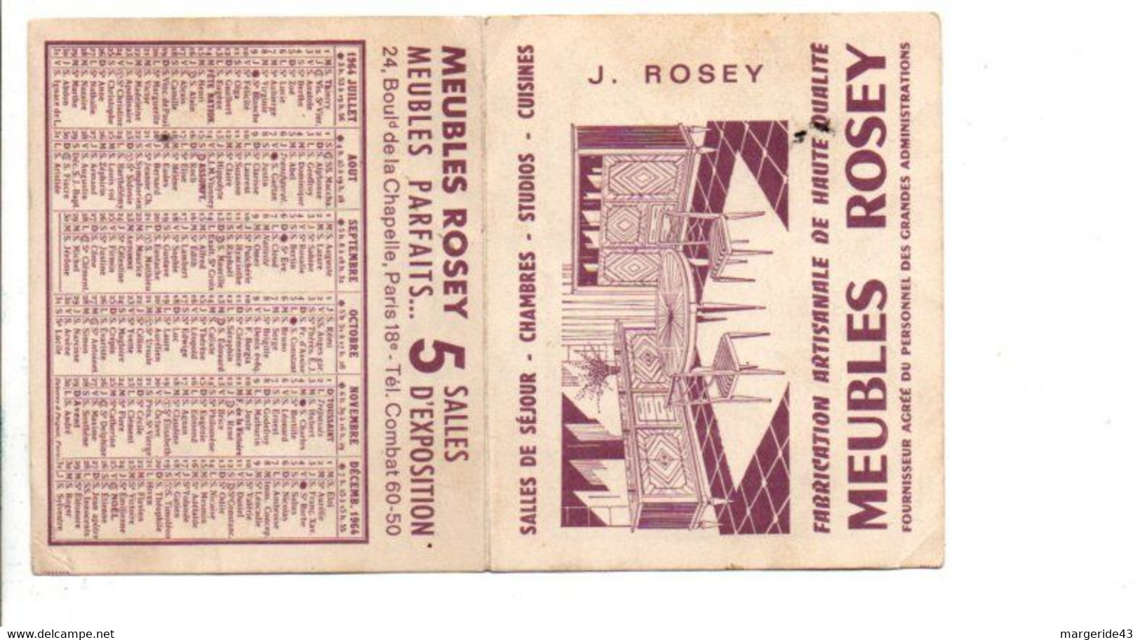 1964 CALENDRIER MEUBLES ROSEY BLD DE LA CHAPELLE PARIS - Petit Format : 1961-70