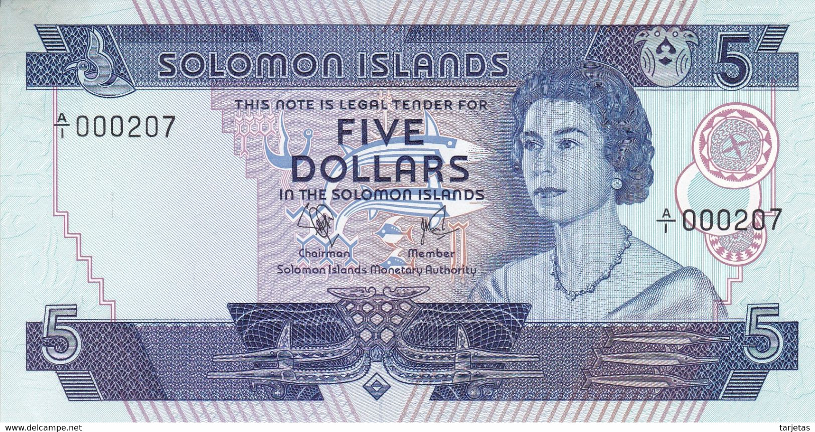 000207 BILLETE DE SALOMON ISLANDS DE 5 DOLLARS DEL AÑO 1977 SIN CIRCULAR (UNC) NUMERO MUY BAJO - Solomon Islands