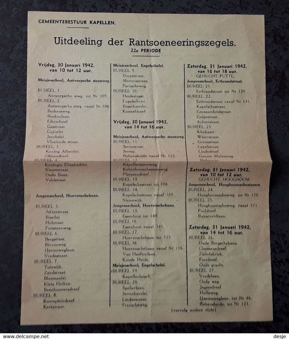 Kapellen Uitdeeling Der Rantsoeneeringszegels 1942, 2 Pp. - Practical