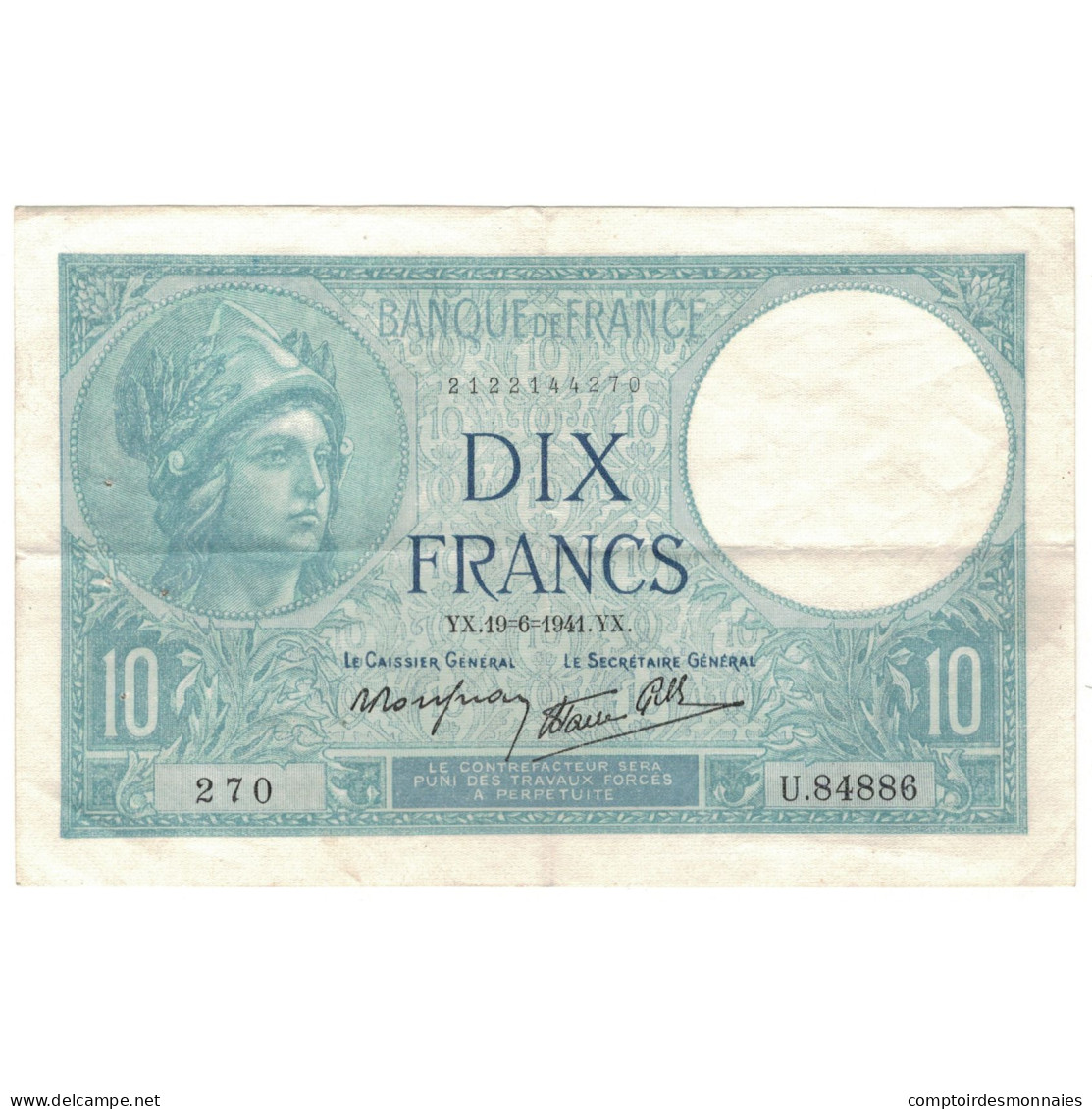 France, 10 Francs, Minerve, 1941, U.84886, TTB, Fayette:7.29, KM:84 - 10 F 1916-1942 ''Minerve''