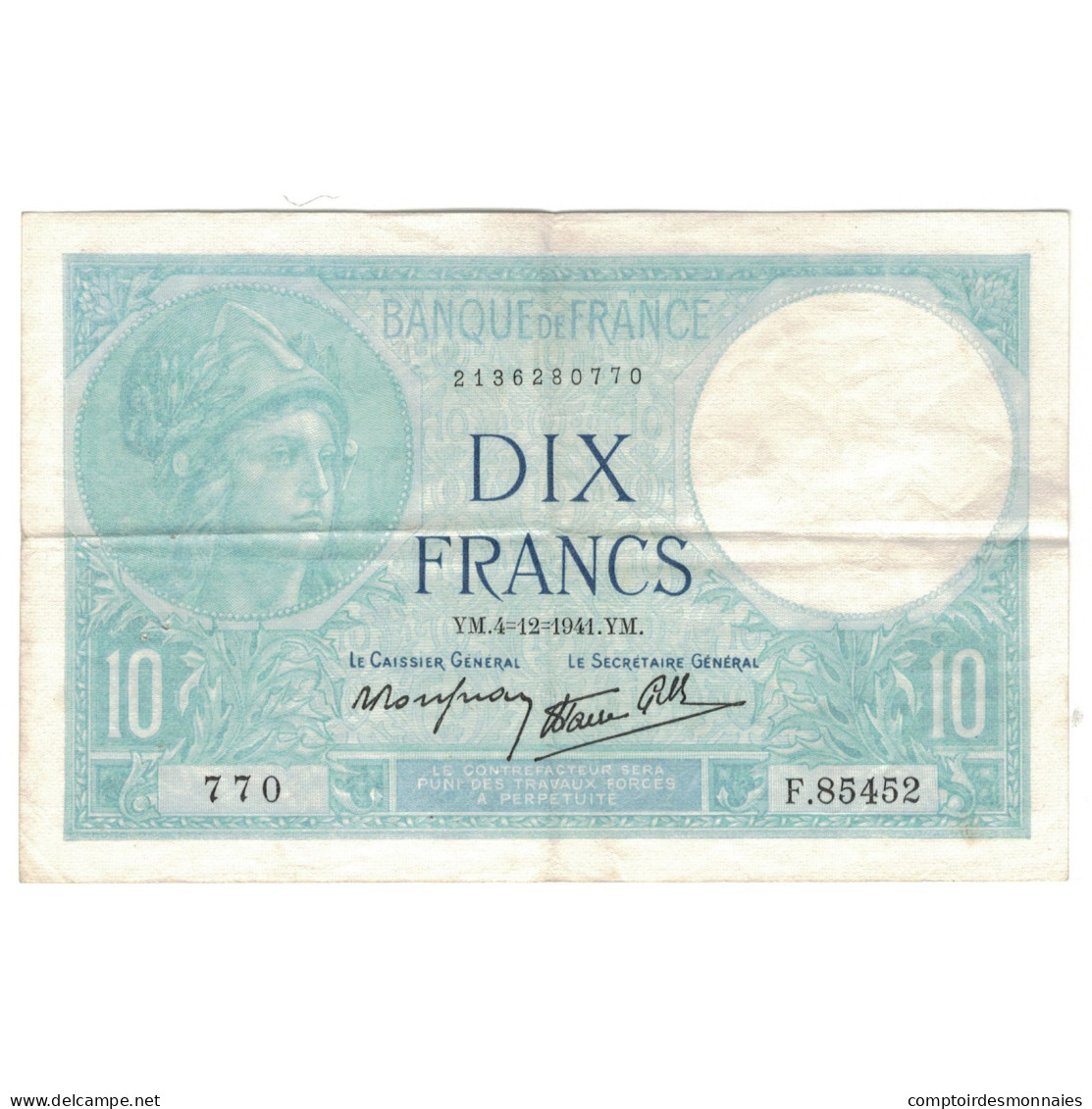 France, 10 Francs, Minerve, 1941, F.85452, TTB, Fayette:7.30, KM:84 - 10 F 1916-1942 ''Minerve''