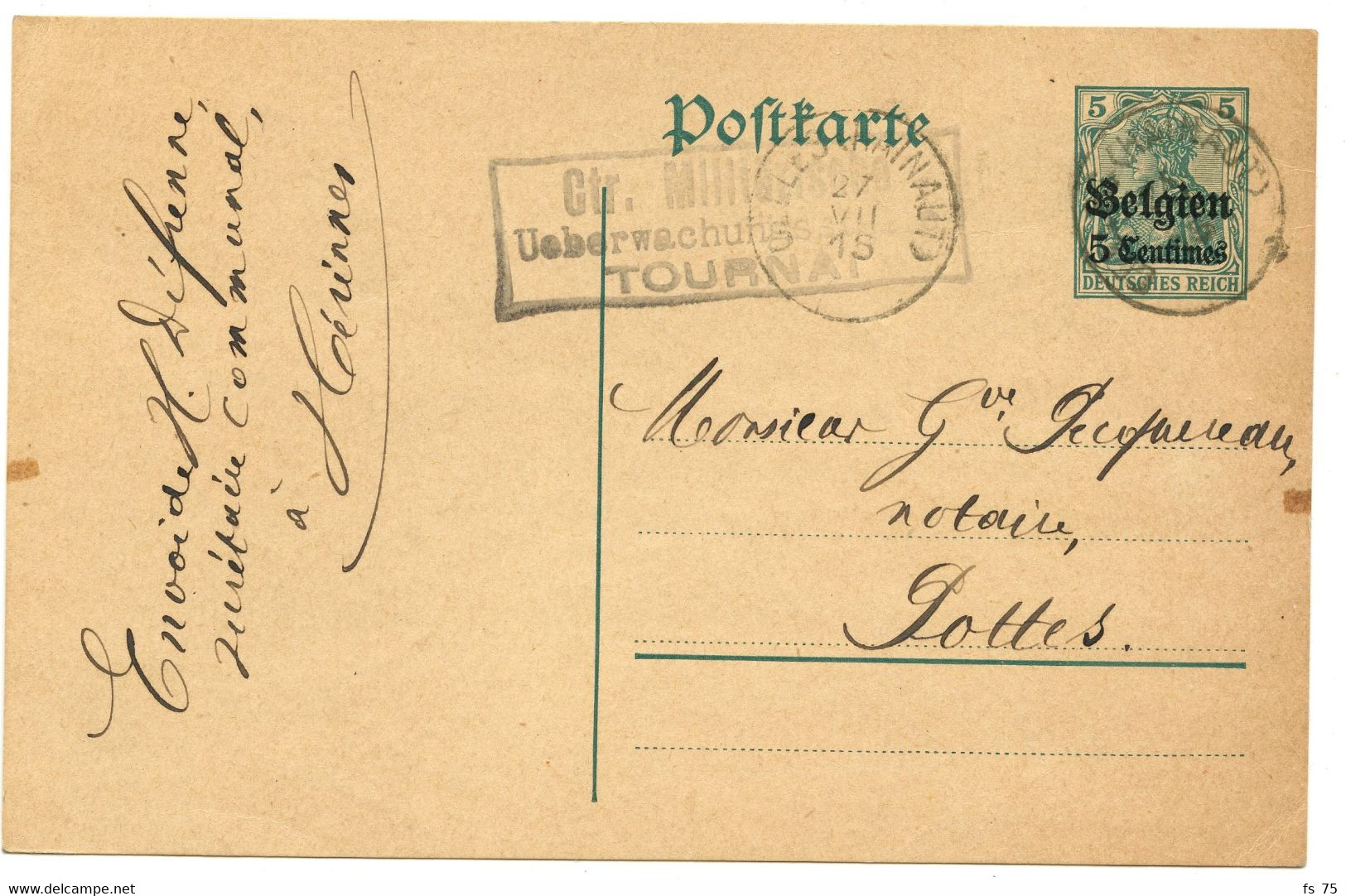 BELGIQUE - ENTIER 5 CENTIMES OCCUPATION CELLES (HAINAUT) + CENSURE TOURNAI, 1915 - Duits Leger