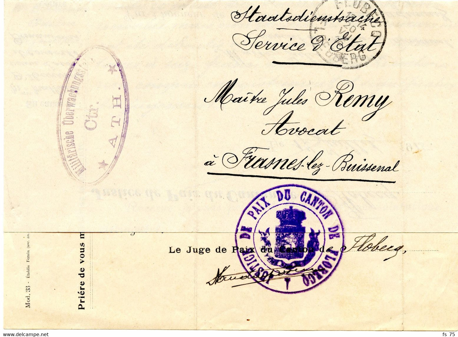 BELGIQUE - SIMPLE CERCLE FLOBECQ + CENSURE ATH SUR LETTRE DE SERVICE EN FRANCHISE, 1916 - Deutsche Armee