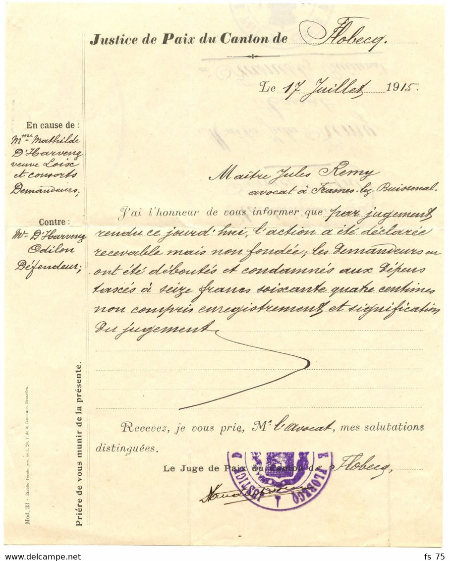 BELGIQUE - SIMPLE CERCLE FLOBECQ + CENSURE ATH SUR LETTRE DE SERVICE EN FRANCHISE, 1916 - Duits Leger