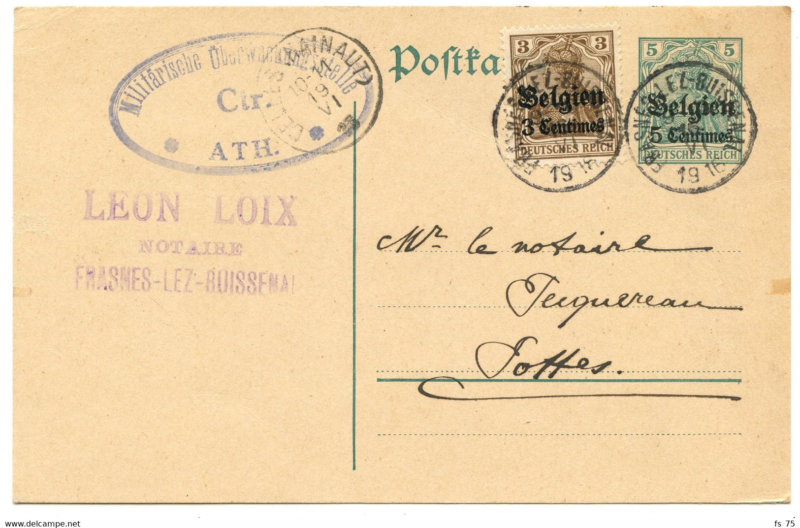 BELGIQUE - COB OC 1 SUR ENTIER 5 CENTIMES OCCUPATION FRASNES LEZ BUISSENAL + CENSURE ATH, 1916 - Duits Leger