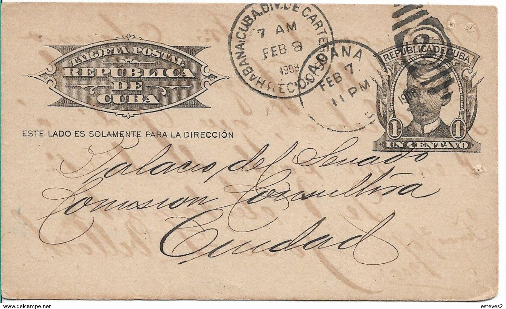 Cuba  1908 , Postal Stationery From Habana , Numeric , 2 Numeral Postmark - Briefe U. Dokumente