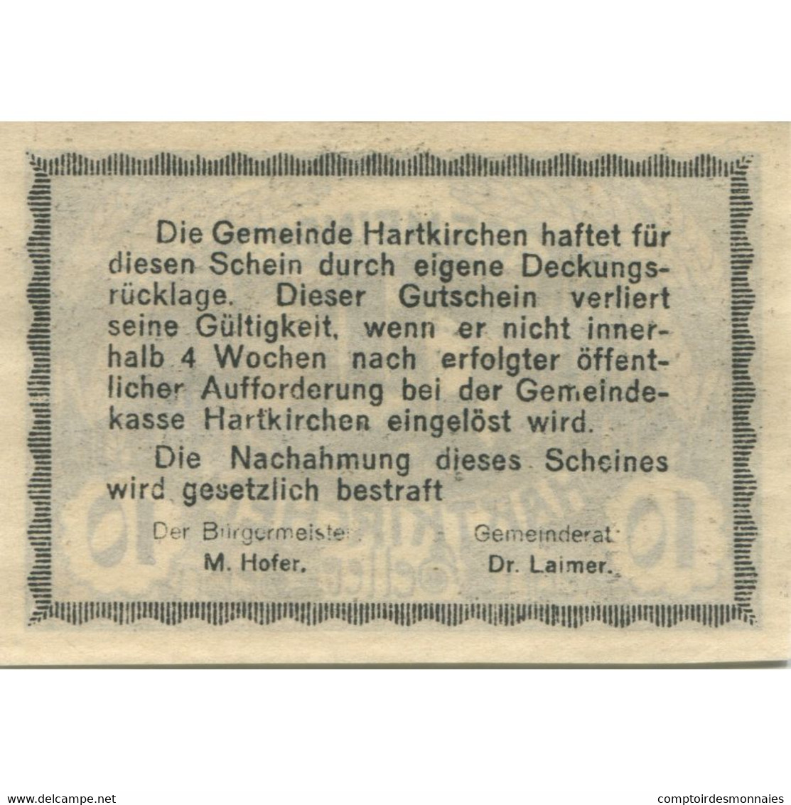 Billet, Autriche, Hartkirchen, 10 Heller, Château, 1920 SPL Mehl:FS 353I - Austria