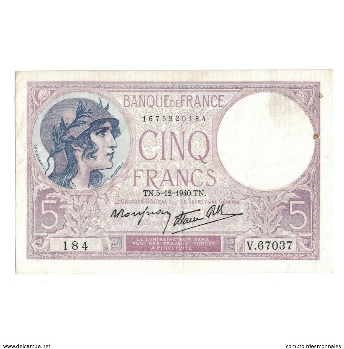 France, 5 Francs, Violet, 1940, V.67037, TTB+, Fayette:04.16, KM:83 - 5 F 1917-1940 ''Violet''