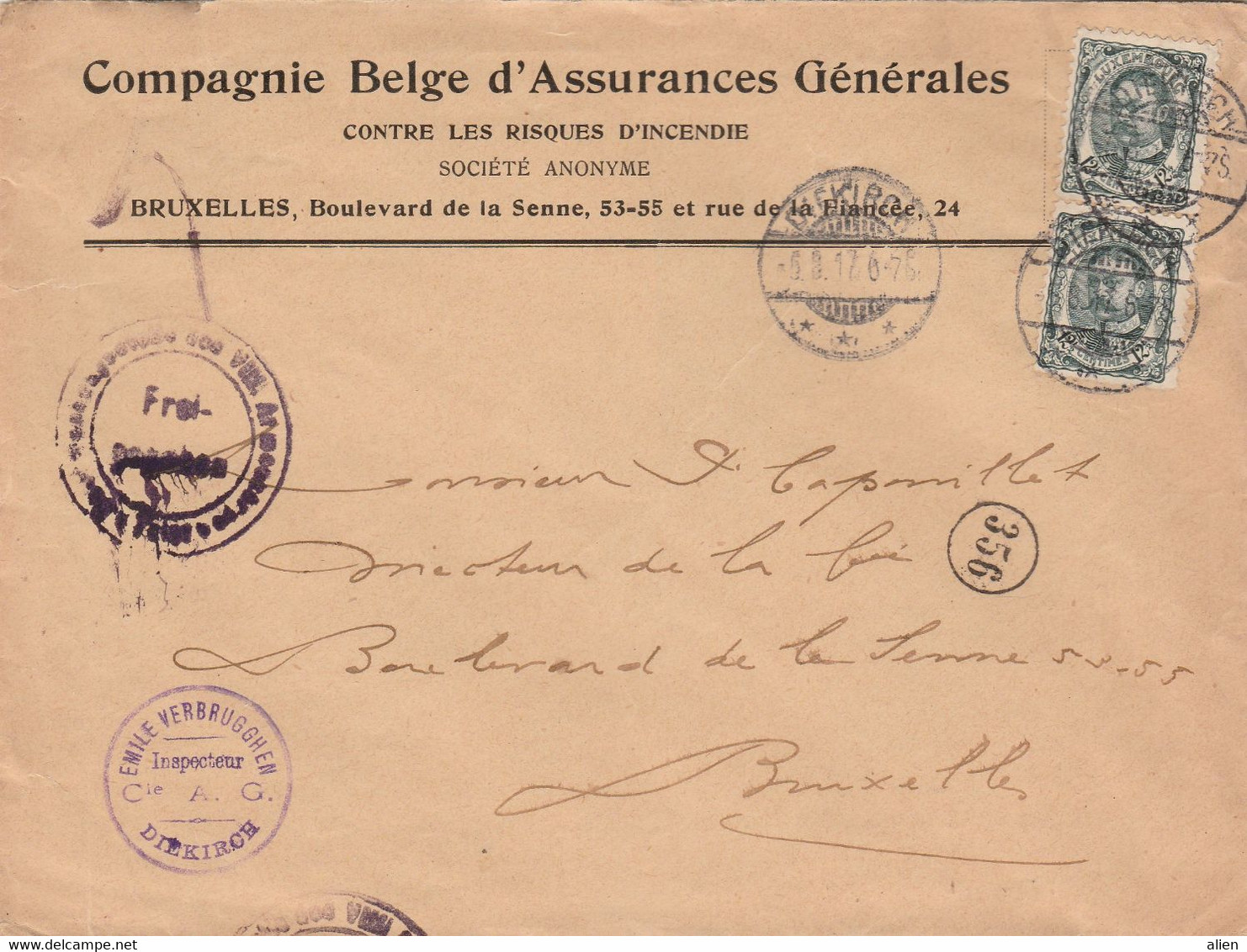 Yv75 X 2 Et Yv96 X 2 Sur Deux Lettres Diekirch Vers Bruxelles 1917 - Censure "Freigegeben Trier". - 1906 Willem IV