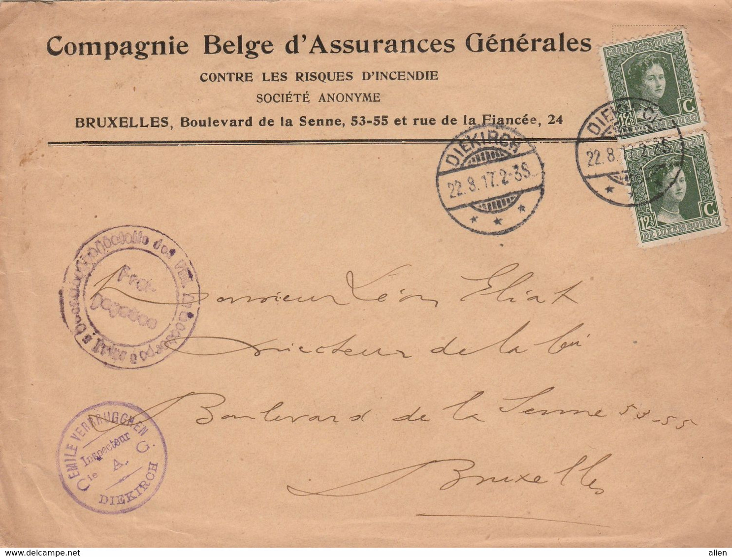 Yv75 X 2 Et Yv96 X 2 Sur Deux Lettres Diekirch Vers Bruxelles 1917 - Censure "Freigegeben Trier". - 1906 Wilhelm IV.