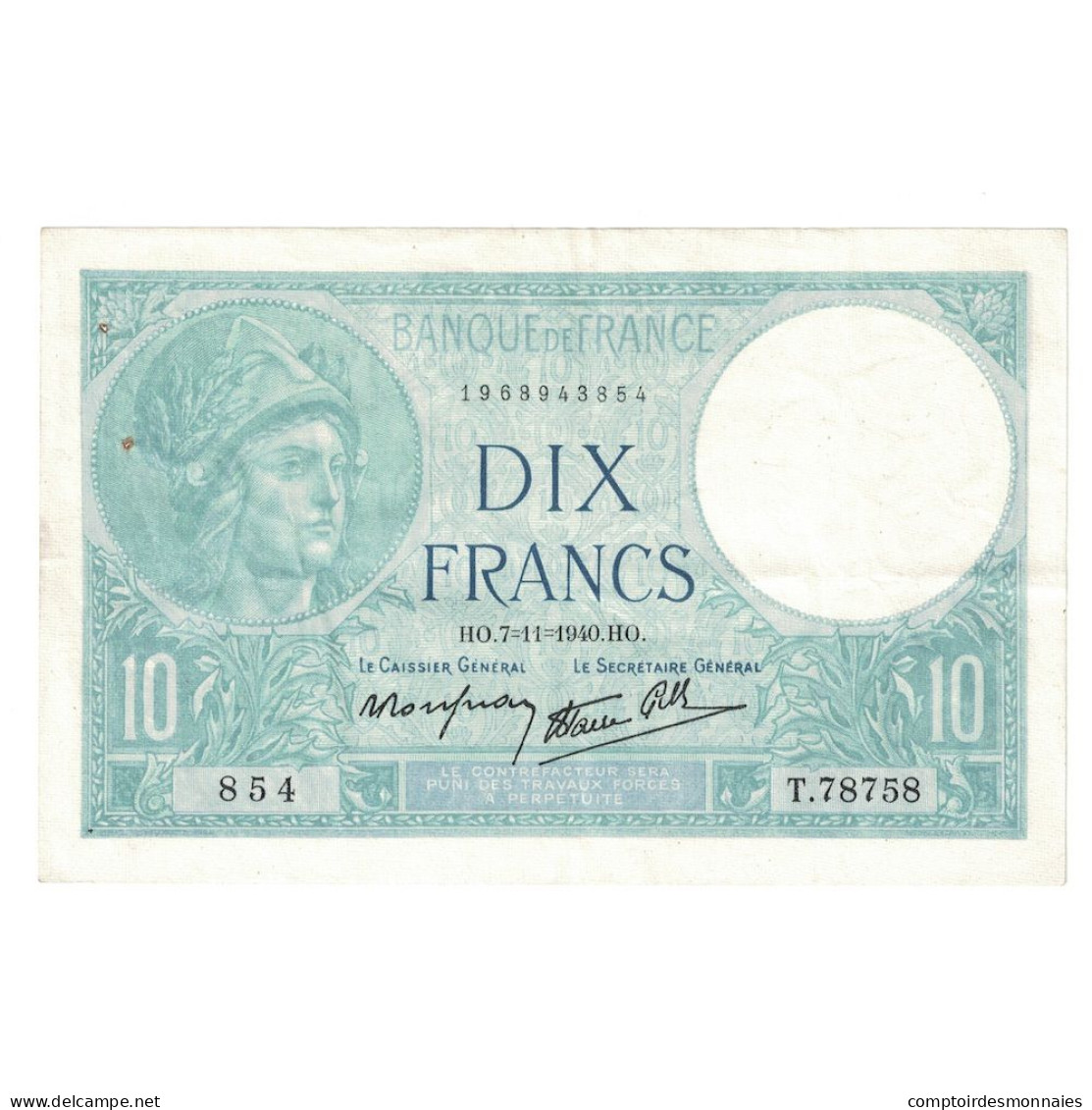 France, 10 Francs, Minerve, 1940, T.78758, SUP, Fayette:7.19, KM:84 - 10 F 1916-1942 ''Minerve''