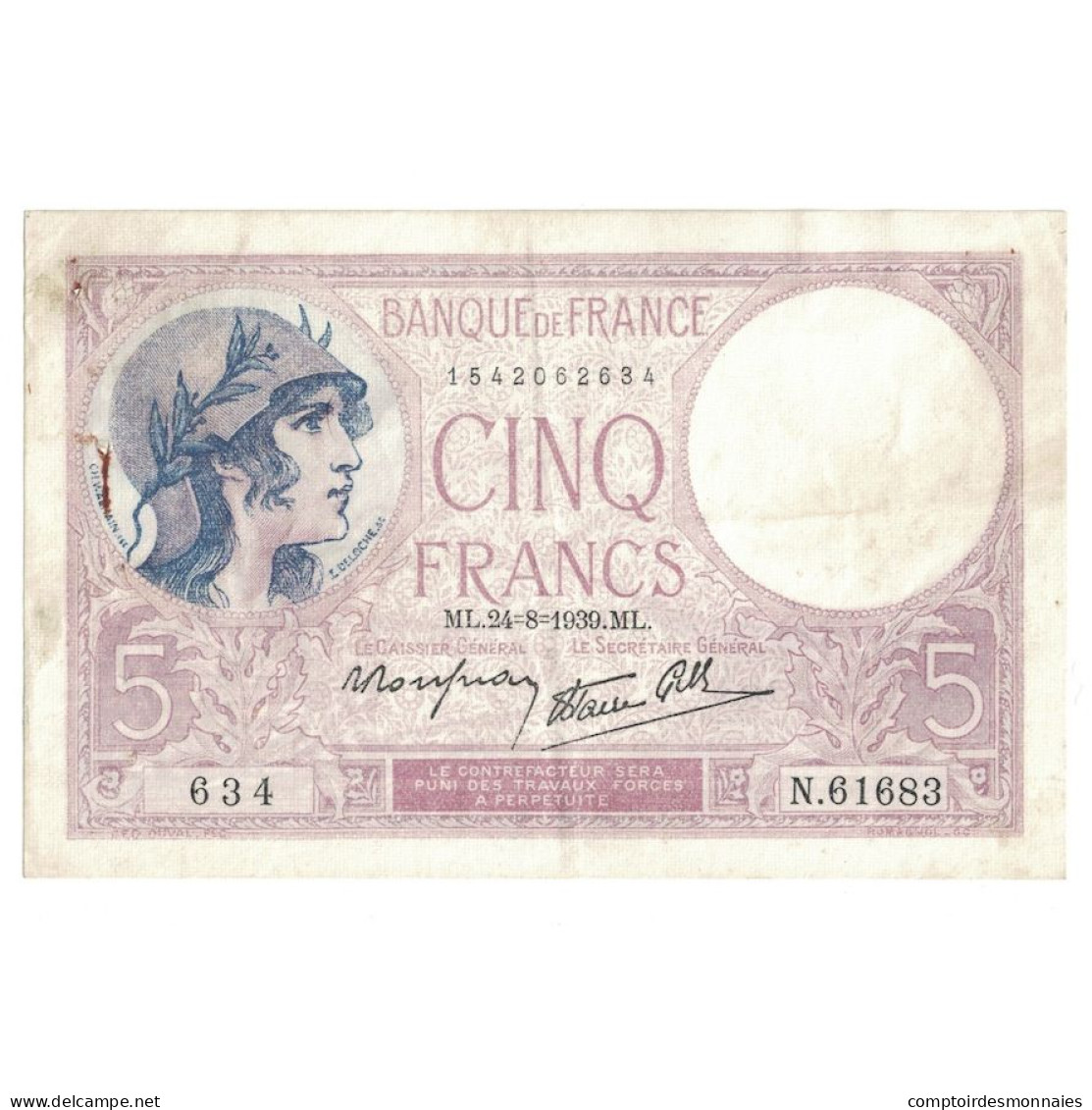 France, 5 Francs, Violet, 1939, N.61683, TTB+, Fayette:4.10, KM:83 - 5 F 1917-1940 ''Violet''