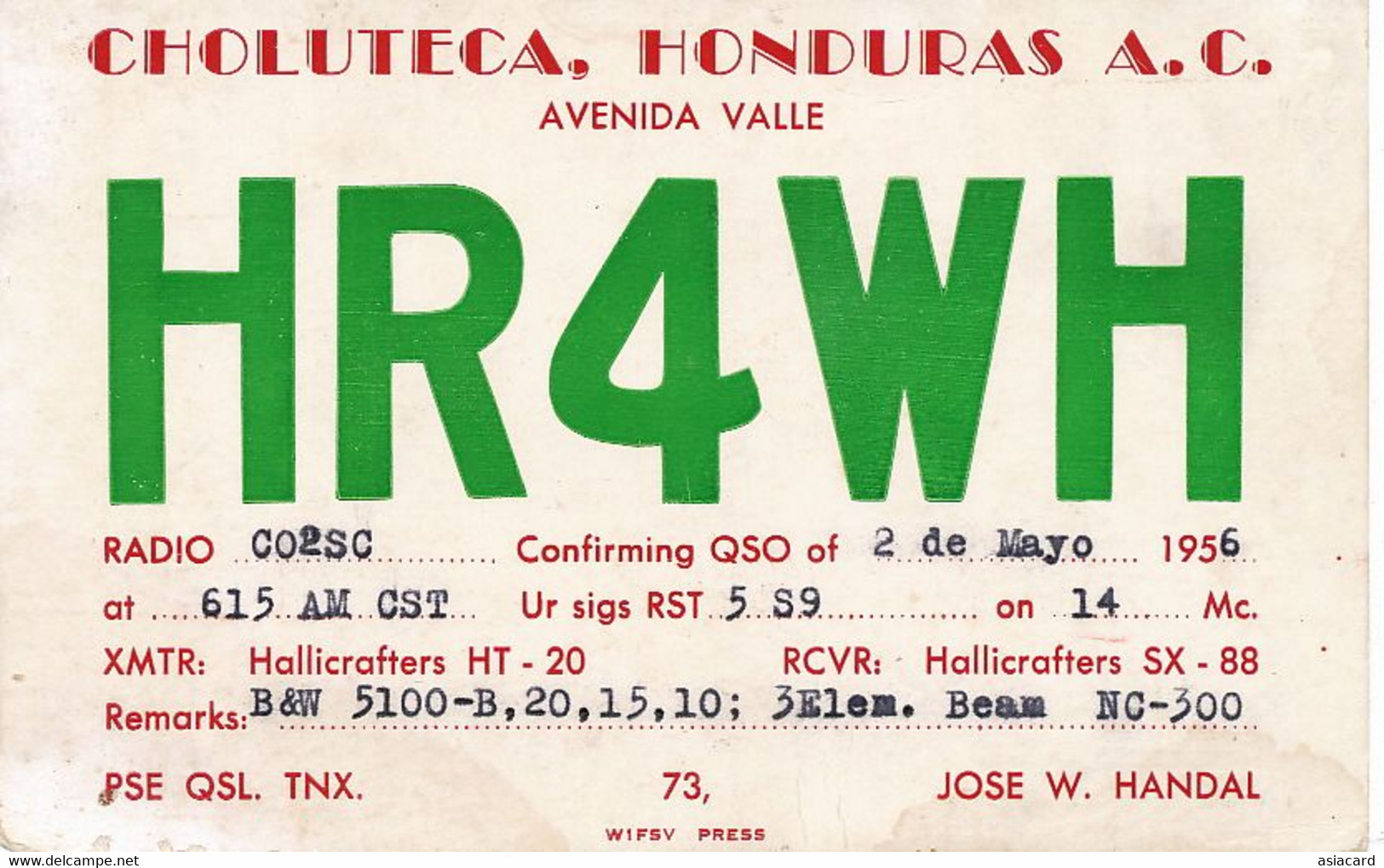 QSL Card Radio Amateur HR4WH Choluteca  Mapa Honduras Map Carte Geographique 1956 - Honduras