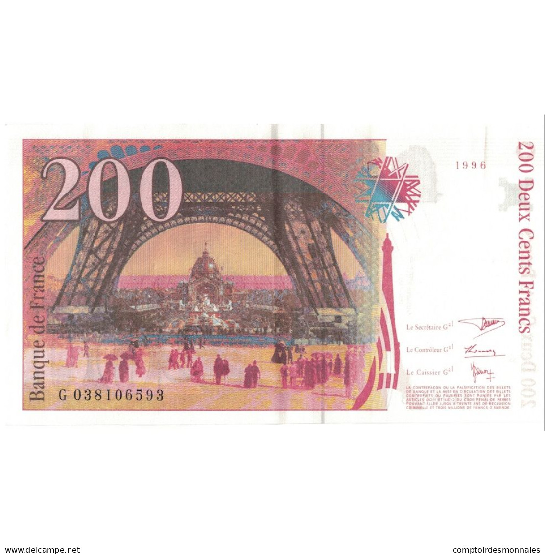 France, 200 Francs, Eiffel, 1996, G.038106593, SPL+, Fayette:75.3a, KM:159b - 200 F 1995-1999 ''Eiffel''