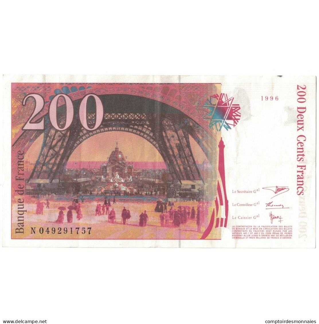 France, 200 Francs, Eiffel, 1996, N.049291757, TTB+, Fayette:75.3b, KM:159b - 200 F 1995-1999 ''Eiffel''