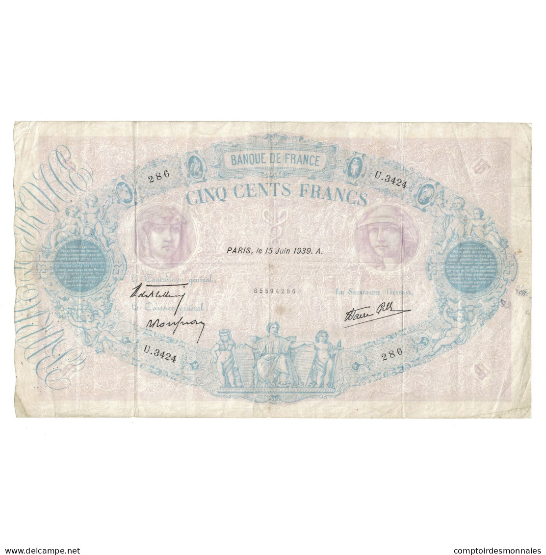 France, 500 Francs, Bleu Et Rose, 1939, U.3424, TB, Fayette:31.34, KM:88c - 500 F 1888-1940 ''Bleu Et Rose''