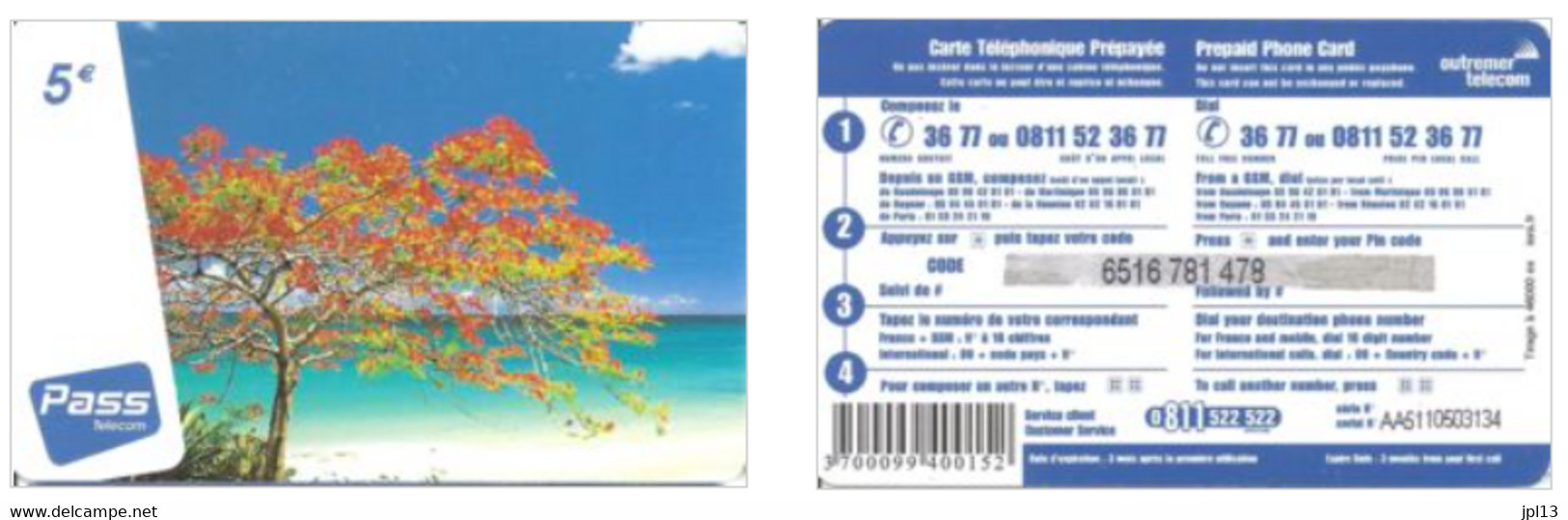 Carte Prépayée Outremer Telecom 5€ Flamboyant (Pass Telecom), Tirage 46.000 Ex., Série AA5110xxxxxx - Antillas (Francesas)