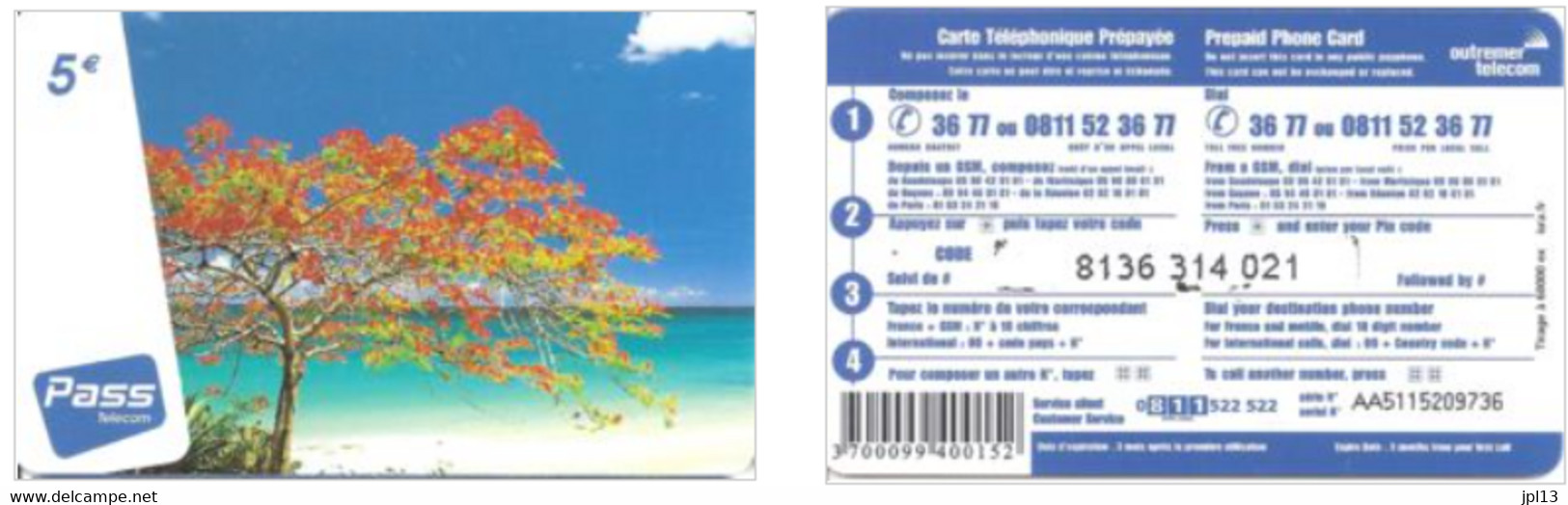 Carte Prépayée Outremer Telecom 5€ Flamboyant (Pass Telecom), Tirage 60.000 Ex., Série AA5115xxxxxx - Antillen (Französische)