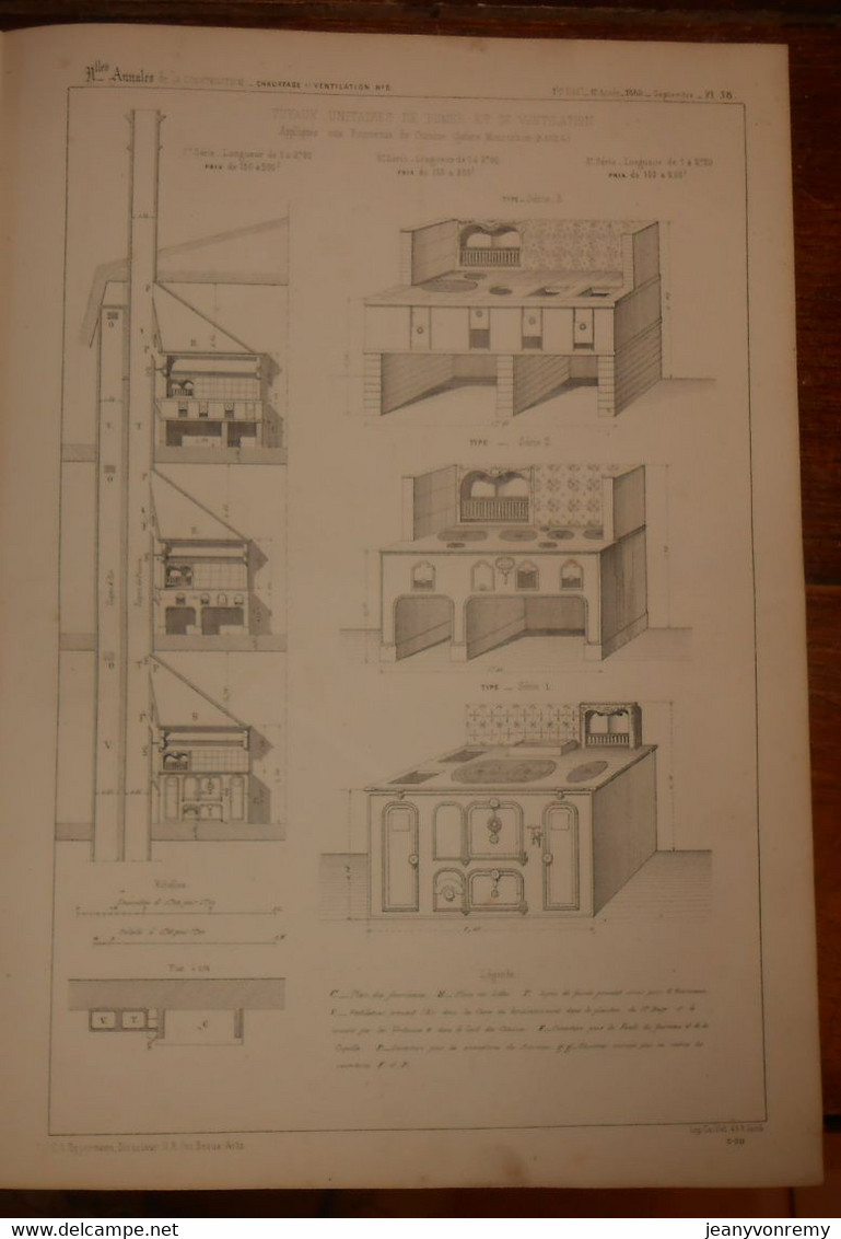 Plan De Tuyaux Unitaires De Fumée Et De Ventilation Appliqués Aux Fourneaux De Cuisine. Système Mousseron. 1865. - Maschinen