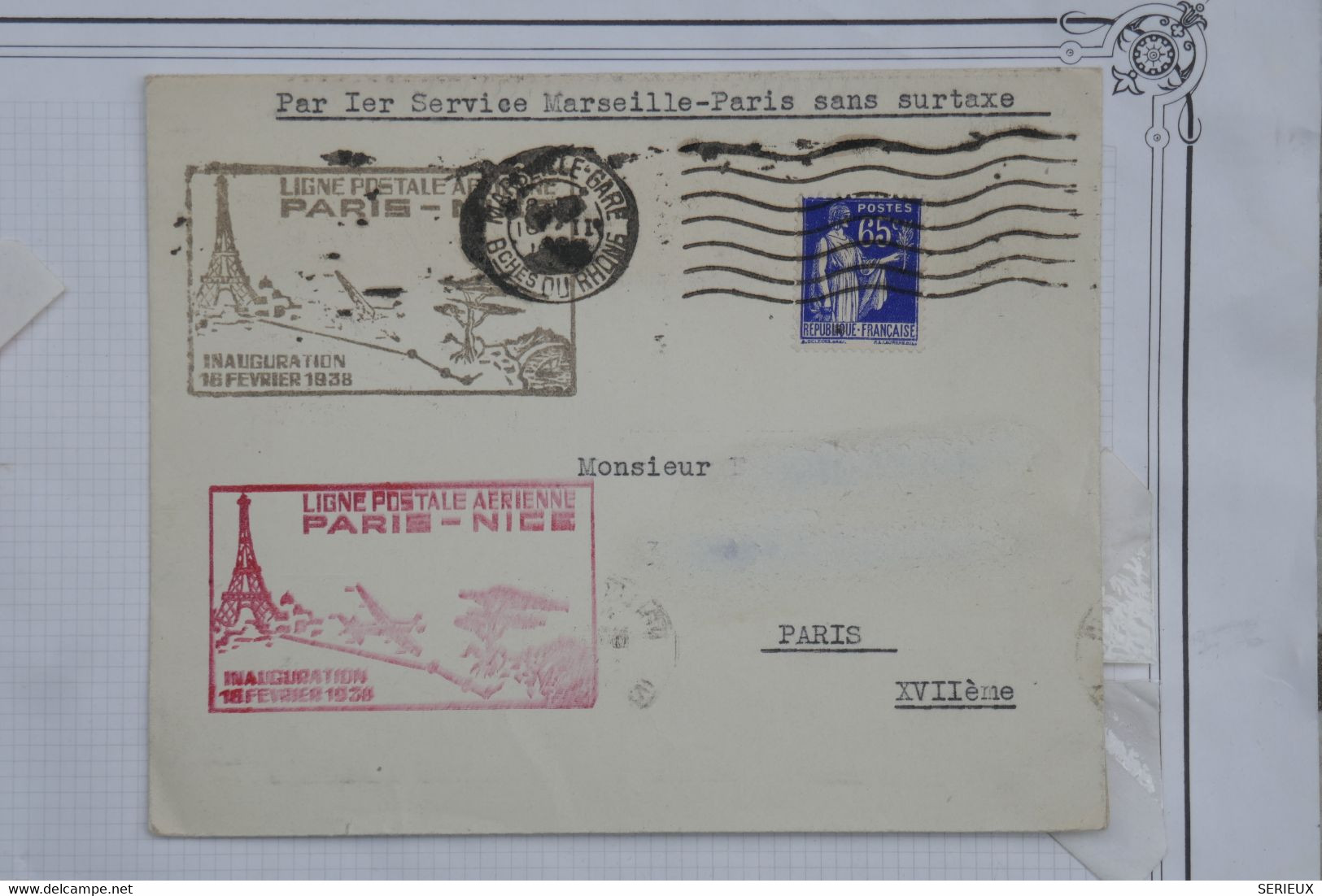 AH9 FRANCE BELLE LETTRE  1938   IER VOL MARSEILLE PARIS NICE ++++A VOIR+ ++AFF. INTERESSANT - 1960-.... Cartas & Documentos