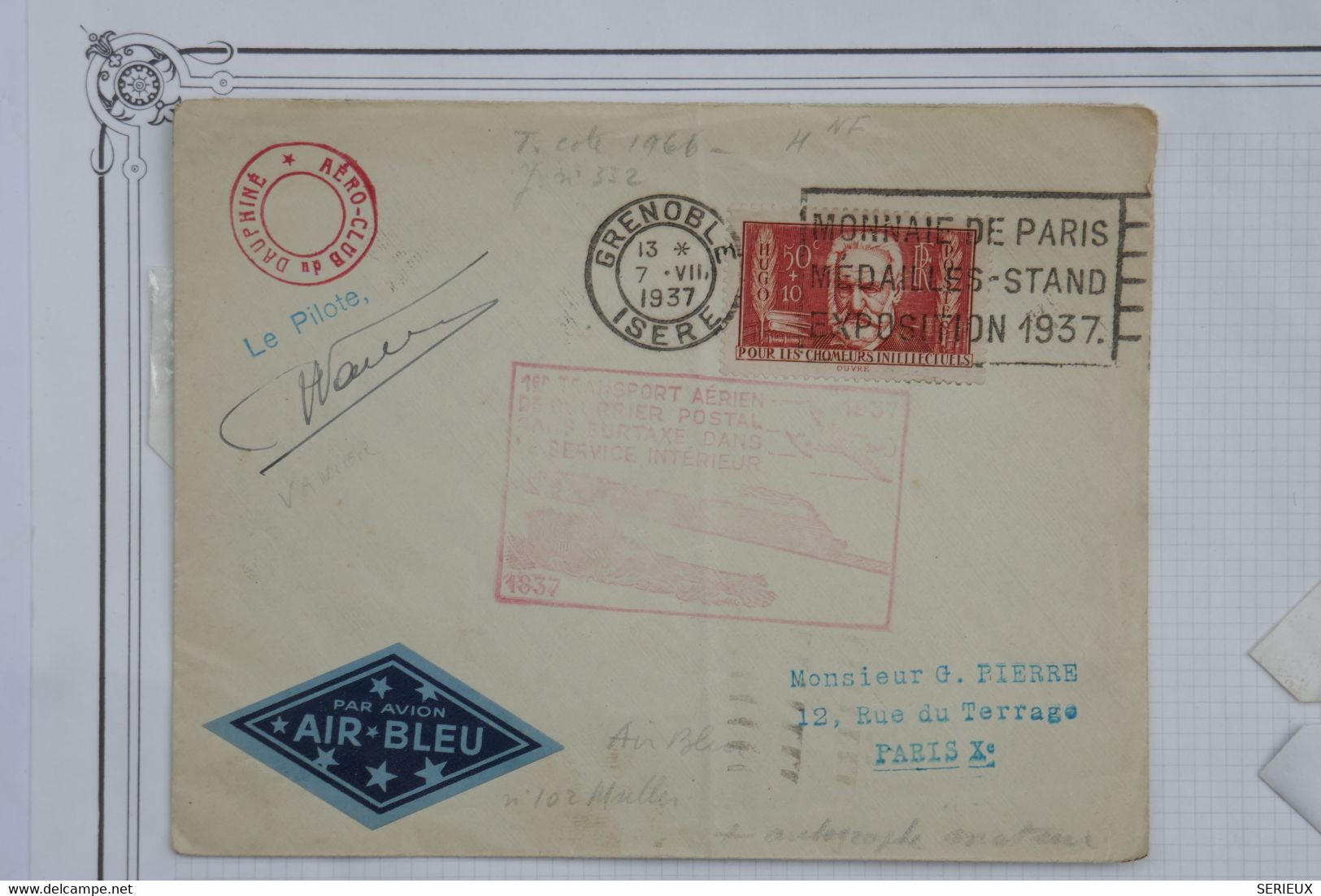 C FRANCE BELLE LETTRE  RARE 1937   AIR BLEU GRENOBLE POUR PARIS +SIGNé PILOTE  VANIER++ ++++A VOIR+ ++AFF. INTERESSANT - 1960-.... Lettres & Documents