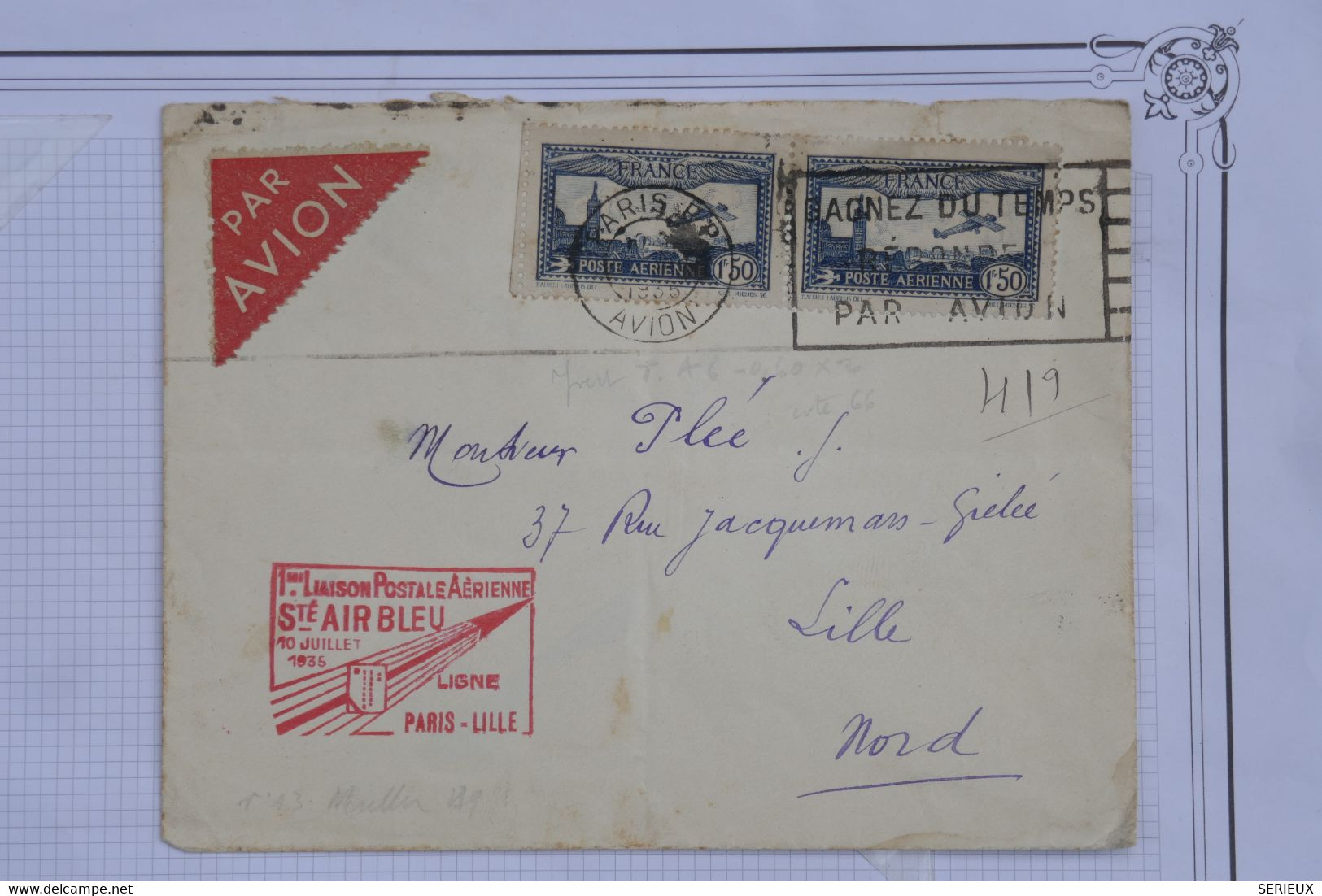 C FRANCE BELLE LETTRE  1935   IER VOL AIR BLEU   PARIS POUR LILLE   ++PAIRE DE TP +++AFF. INTERESSANT - 1960-.... Storia Postale