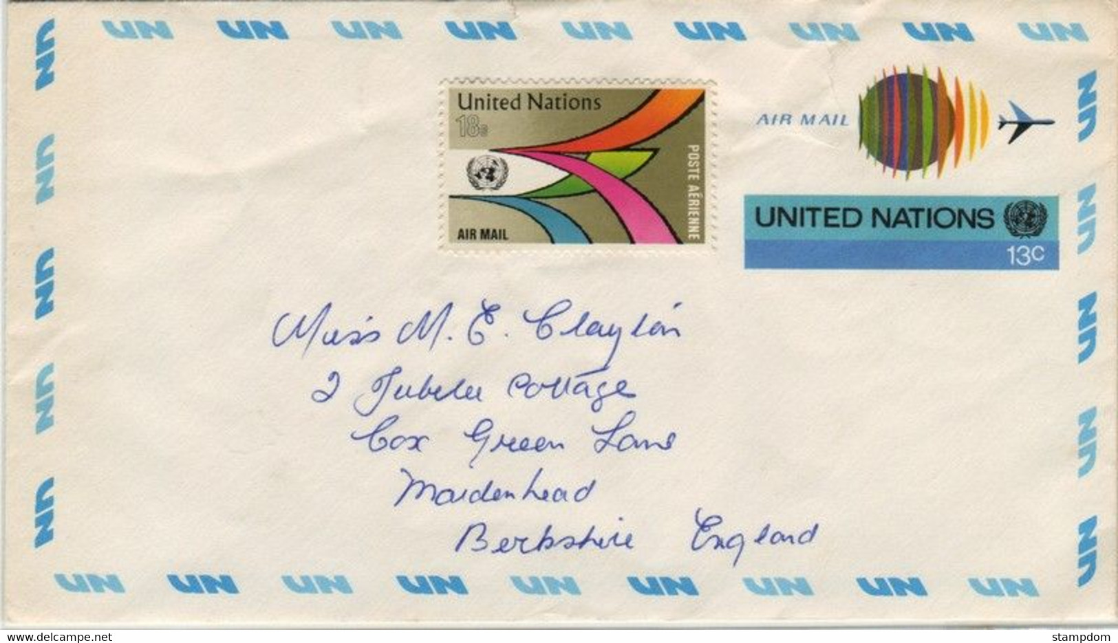 UN-NY 13c Air Mail PSE + 18c AM Stamp Addressed NOT CANCELLED @D2505 - Lettres & Documents