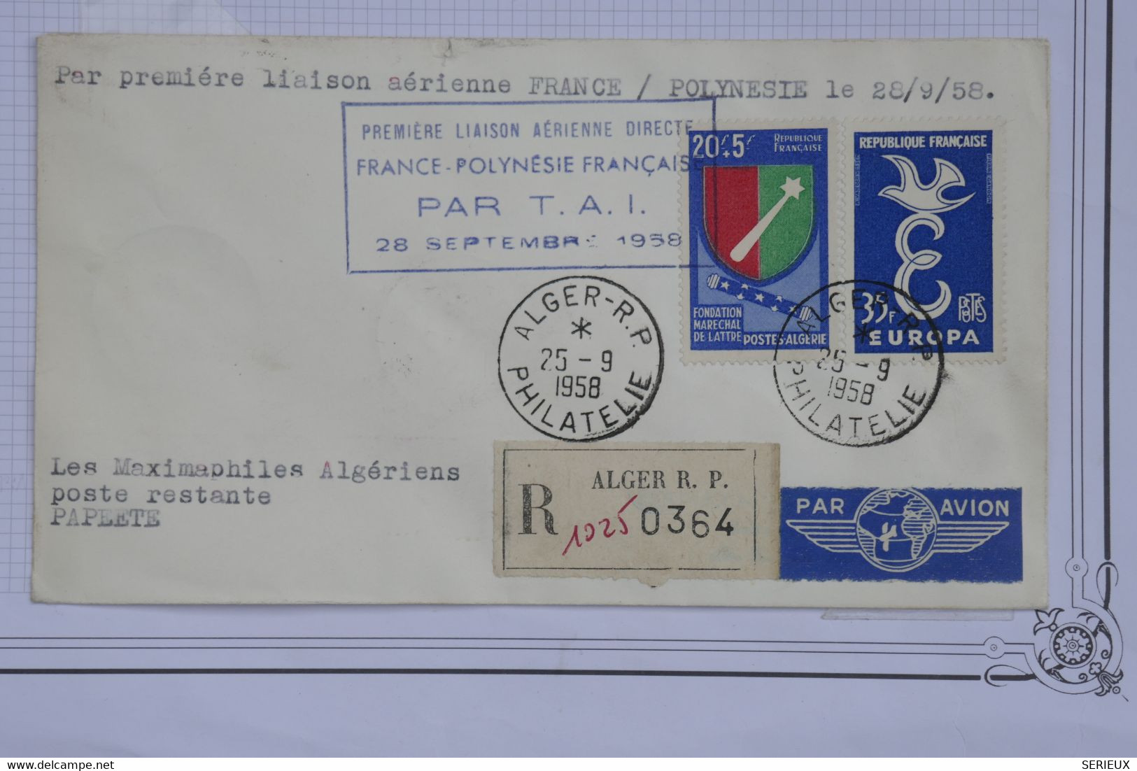 AH14 ALGERIE   BELLE LETTRE RECOM. RARE  1958  IER VOL FRANCE POLYNESIE ALGER  POUR PAPEETE +AFF. PLAISANT - Poste Aérienne