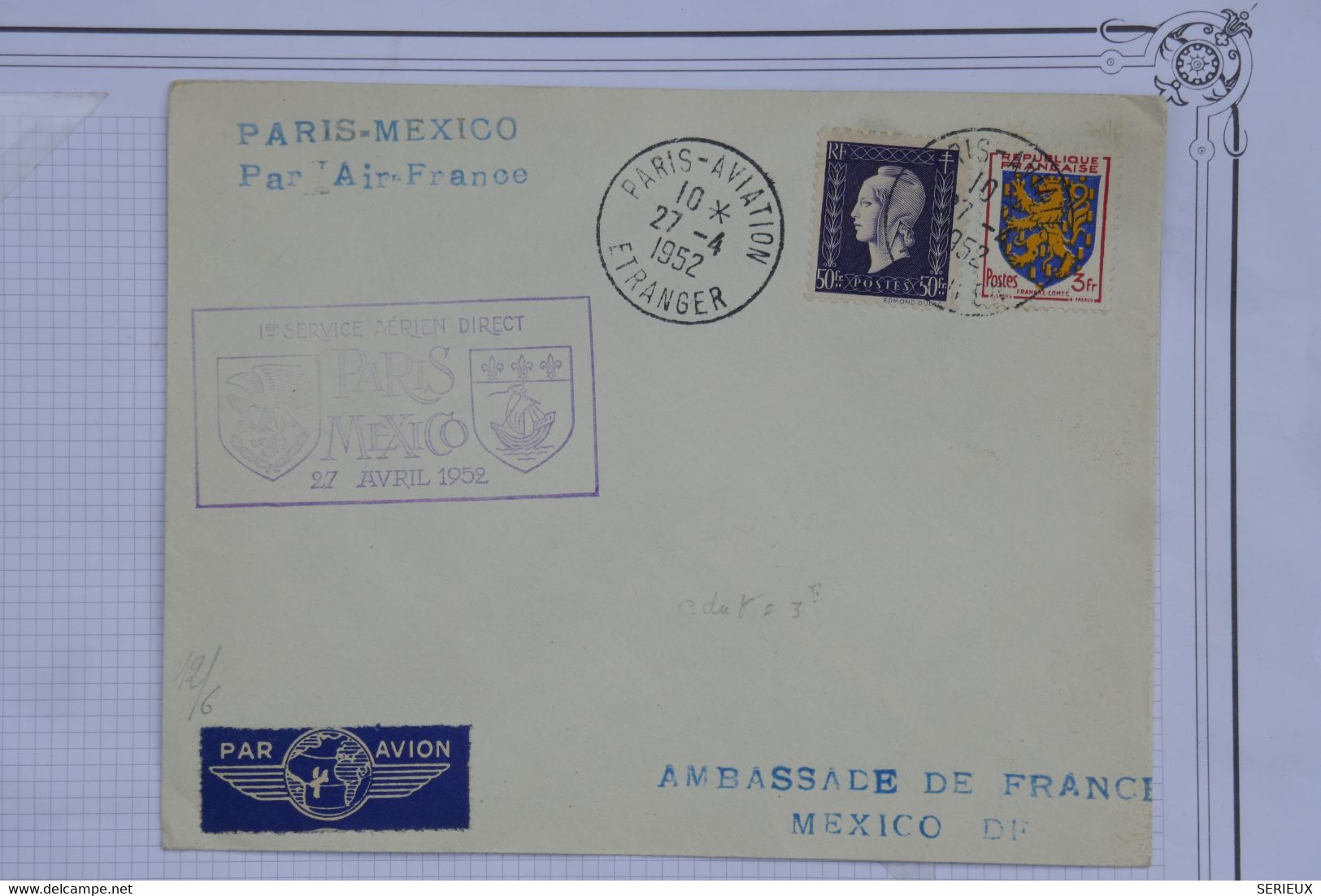 AH15 ALGERIE   BELLE LETTRE  RARE  1952  IER VOL PARIS MEXICO POUR L  AMBASSADE DE FRANCE++N° 701 50F  +AFF. PLAISANT - 1960-.... Storia Postale