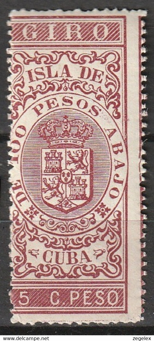 Cuba (Spanish Colony) 1885 Sellos Ficales Giro 5c De Peso Com Amenci. MNH ** - Impuestos