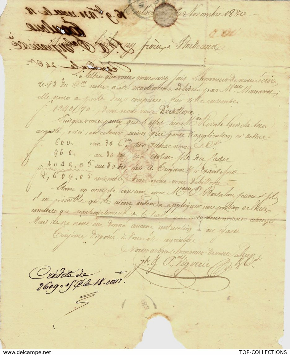 1830 LETTRE BANQUE COMMERCE Par J & P Viguerie BANQUIERS à Toulouse Pour Holagray Frères Marchands De Fer à Bordeaux - 1801-1848: Précurseurs XIX