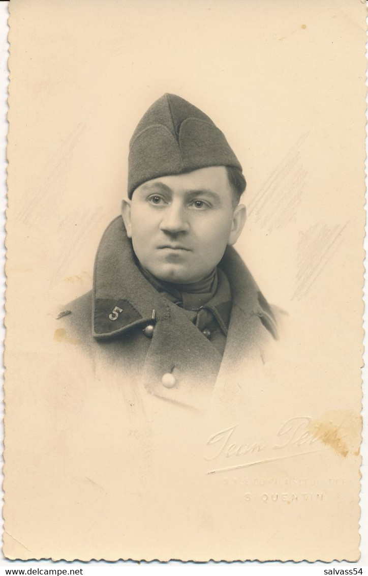 Carte-photo : Portrait Militaire - N°5 Sur Col - Par Le Photographe Jean Petit à St-Quentin - Krieg, Militär