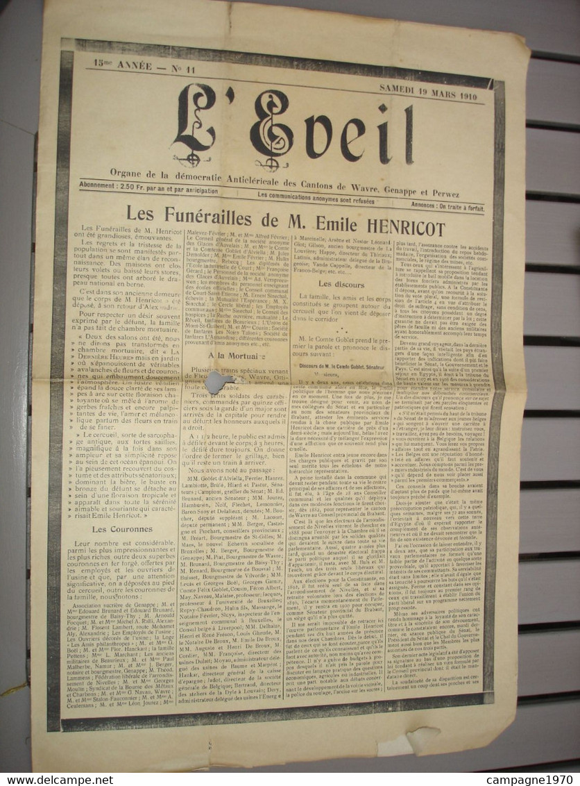 RARE JOURNAL LIBERAL - " L'EVEIL " 1910 - FUNERAILLES DE M. HENRICOT - WAVRE GENAPPE PERWEZ COURT SAINT ETIENNE - Otros & Sin Clasificación