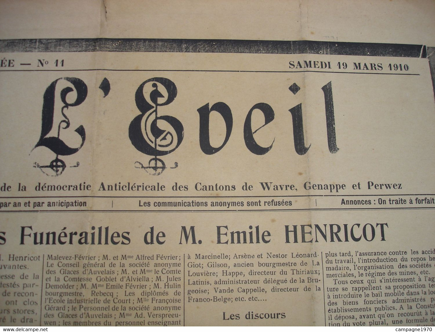 RARE JOURNAL LIBERAL - " L'EVEIL " 1910 - FUNERAILLES DE M. HENRICOT - WAVRE GENAPPE PERWEZ COURT SAINT ETIENNE - Otros & Sin Clasificación