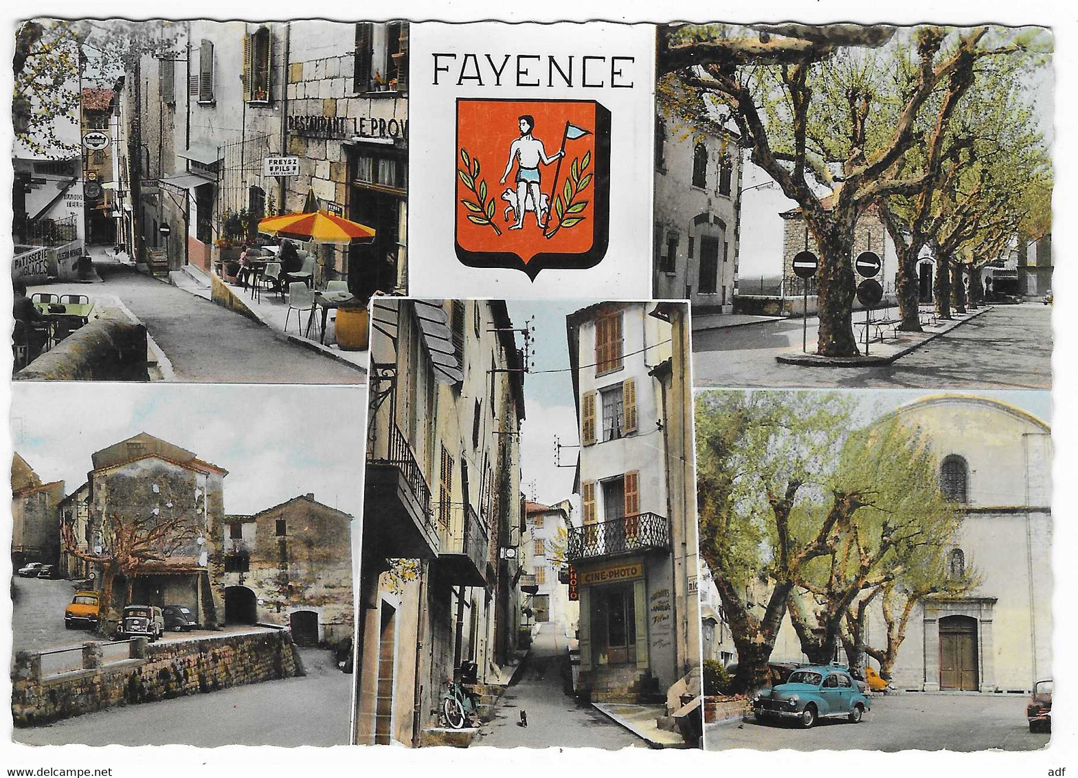 CPSM MULTIVUES COLORISEE FAYENCE, RESTAURANT, PEUGEOT 203, VAR 83 - Fayence