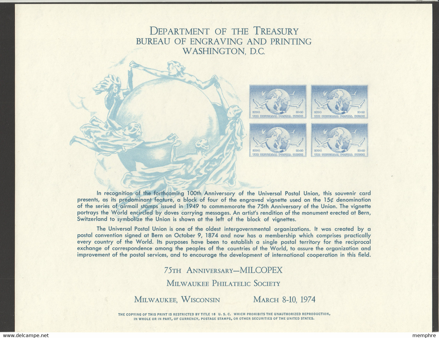 1974 - MILCOPEX  Milwaukee, WI  UPU 75th Anniversary - Recordatorios